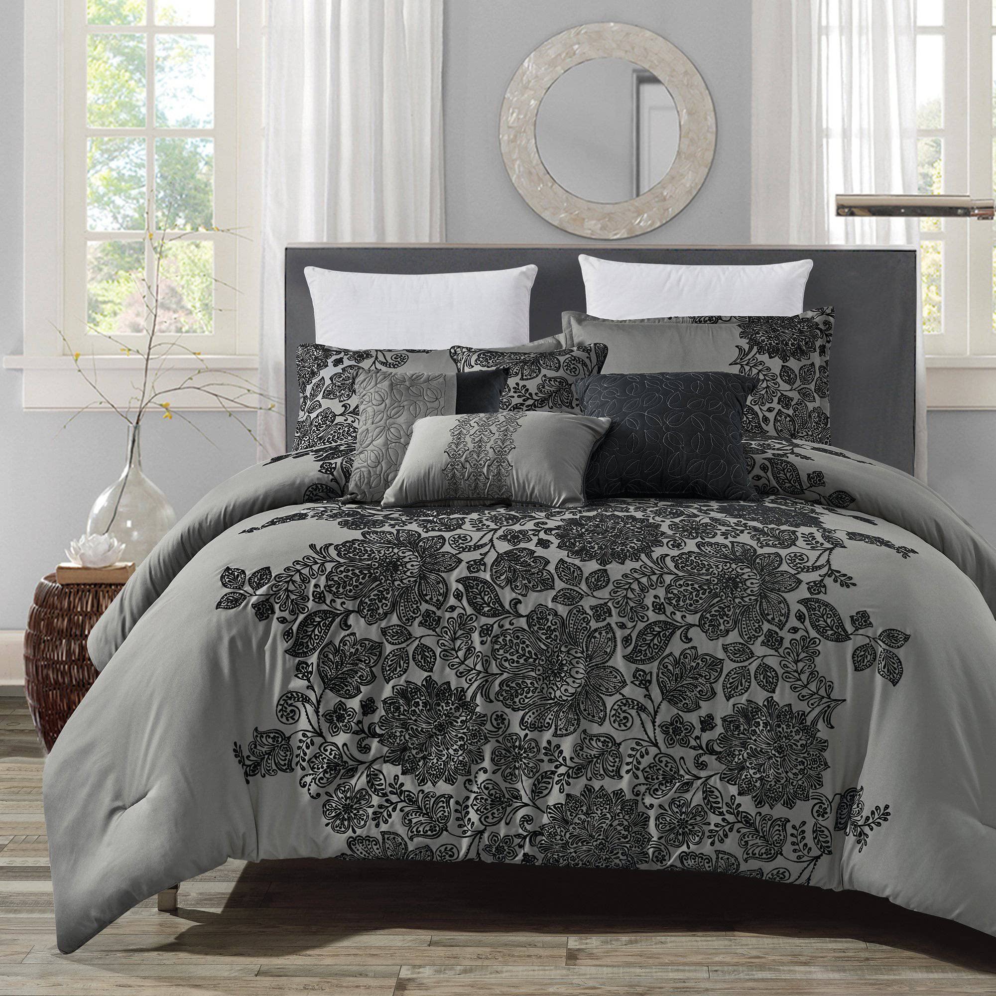 Chuki Contemporary Floral Black Comforter Set - 7 Piece Queen Size Bedding for Modern Bedroom Decor | Soft & Stylish Duvet Cover Set with Pillow Shams