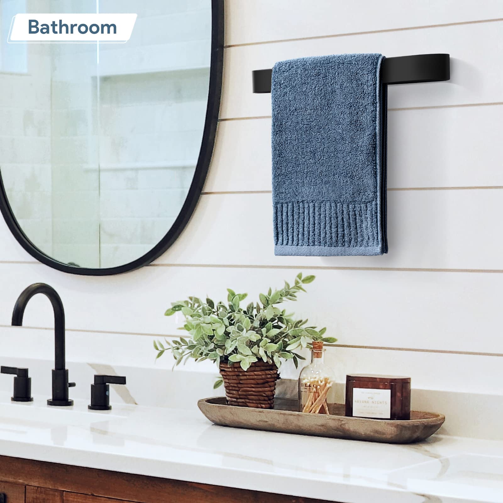 12 Inch Hand Towel Holder - Self Adhesive & Screw Mounted Aluminum Towel Bar for Bathroom & Kitchen - Matte Black Towel Hanger for Easy Access & Space Saving Organization