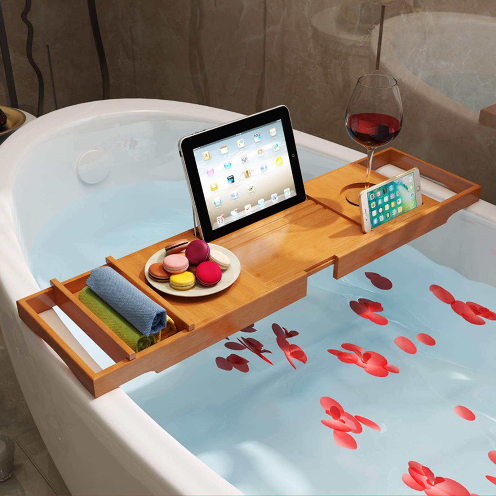 **XXIOJUN 100% Natural Bamboo Bathtub Tray - Extendable Luxury Bathtub Caddy with Book Rest, Wine Glass Holder & Phone Tray | Perfect for Relaxing Bath, Spa, Reading & Wine | Fits Most Bathtubs**