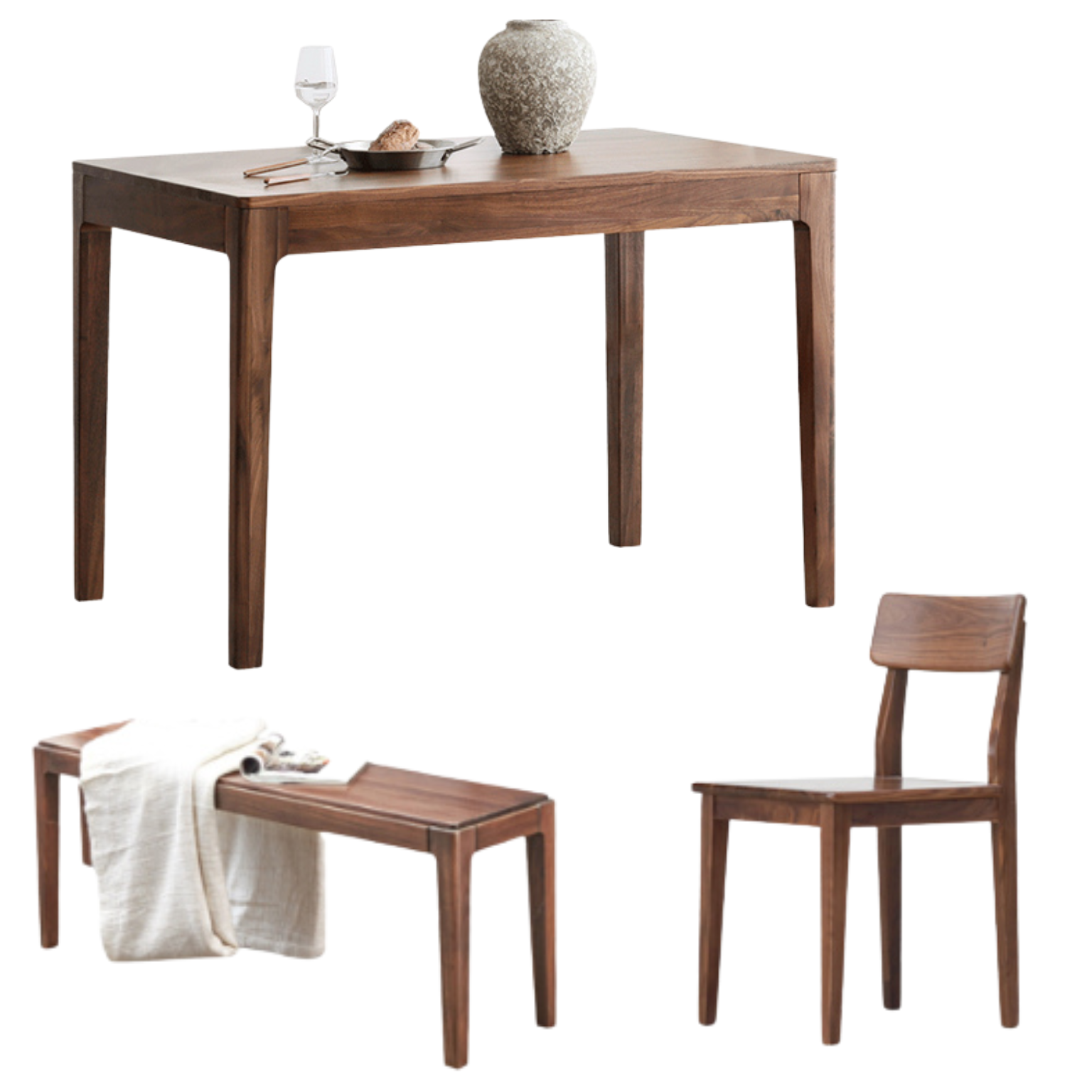63x31.5x29.5 inch / 160x80x75 сm / Rich Dark Walnut color / Dining table + dining chairs 2 + bench