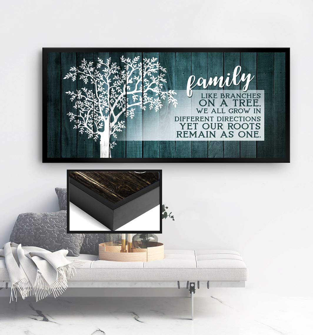 Family Tree Wall Art Plaque - Large Canvas Wall Decor for Living Room & Farmhouse - Teal Green with Black Floating Frame 42x19 - Perfect for Family Room, Bedroom & Home Décor
