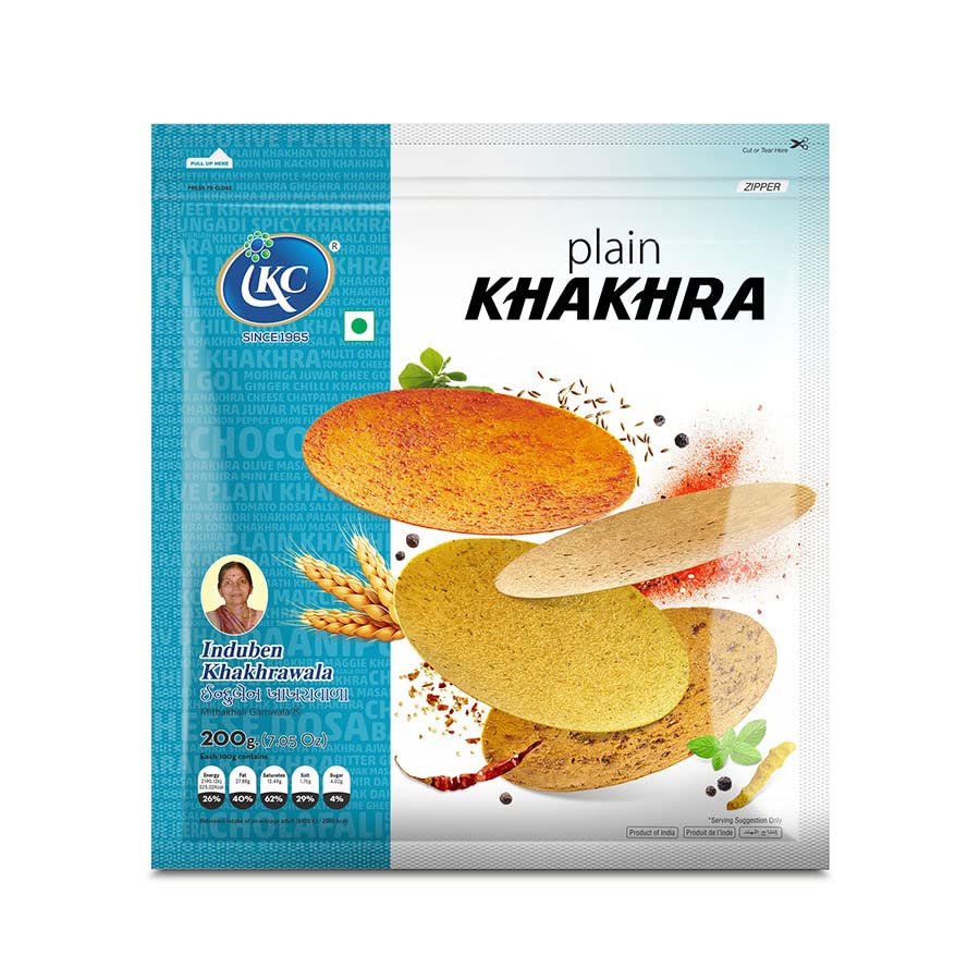 Premium Tasty & Healthy Indian Gujarati Snacks - Induben Khakhrawala Plain Khakhra 200g (7 oz) Pack of 2 | Authentic Gujarati Crispbread | Perfect for Breakfast, Tea Time, Travel & Healthy Snacking