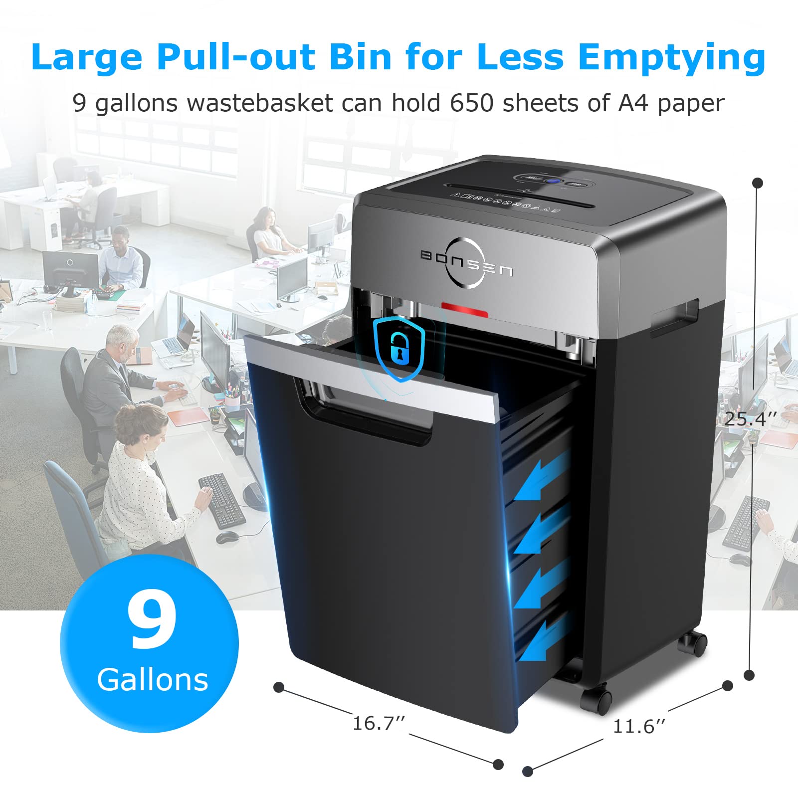 BONSEN Heavy Duty 24-Sheet Cross-Cut Paper Shredder - 40-Min Continuous Run Time, 9-Gallon Basket, 55dB Ultra Quiet - Commercial Grade Office Shredder with P-4 High Security (S3105) - Perfect for Confidential Document Destruction in Home Offices, Businesses & Financial Institutions