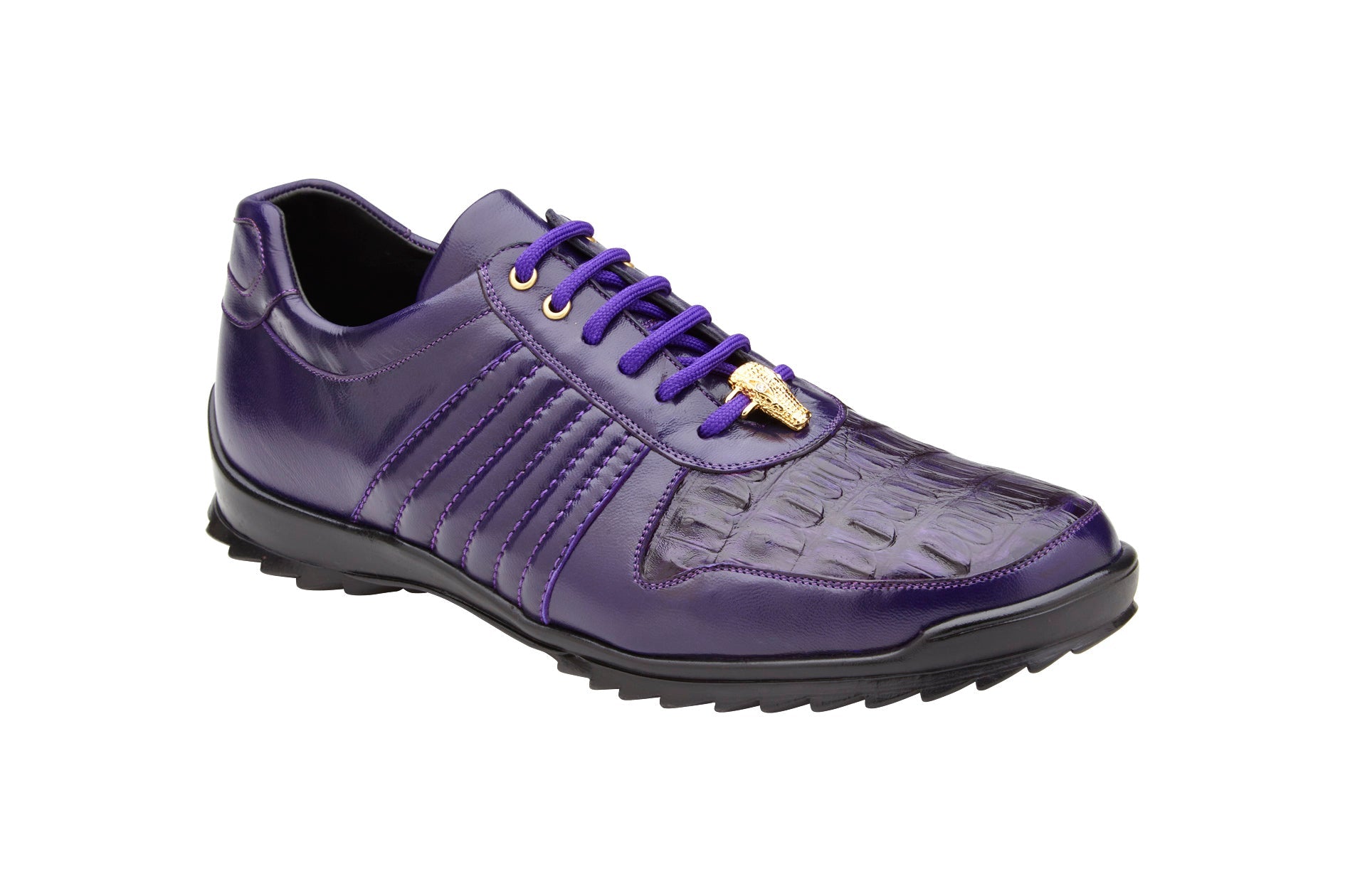 Belvedere Astor Genuine Hornback Caiman Crocodile Leather & Soft Calfskin Sneakers - Men's Luxury Purple Casual Shoes for Business & Evening Wear