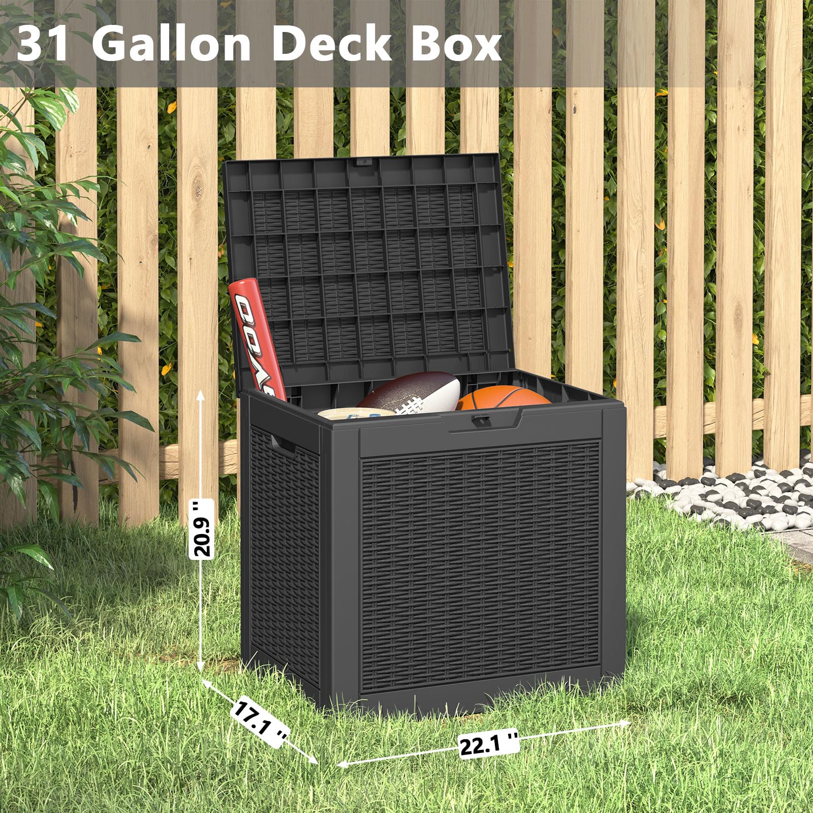 31 Gallon Resin Deck Box - Waterproof & UV Resistant Outdoor Storage Container for Garden Tools, Pool Supplies | Perfect for Patio, Backyard & Poolside Organization