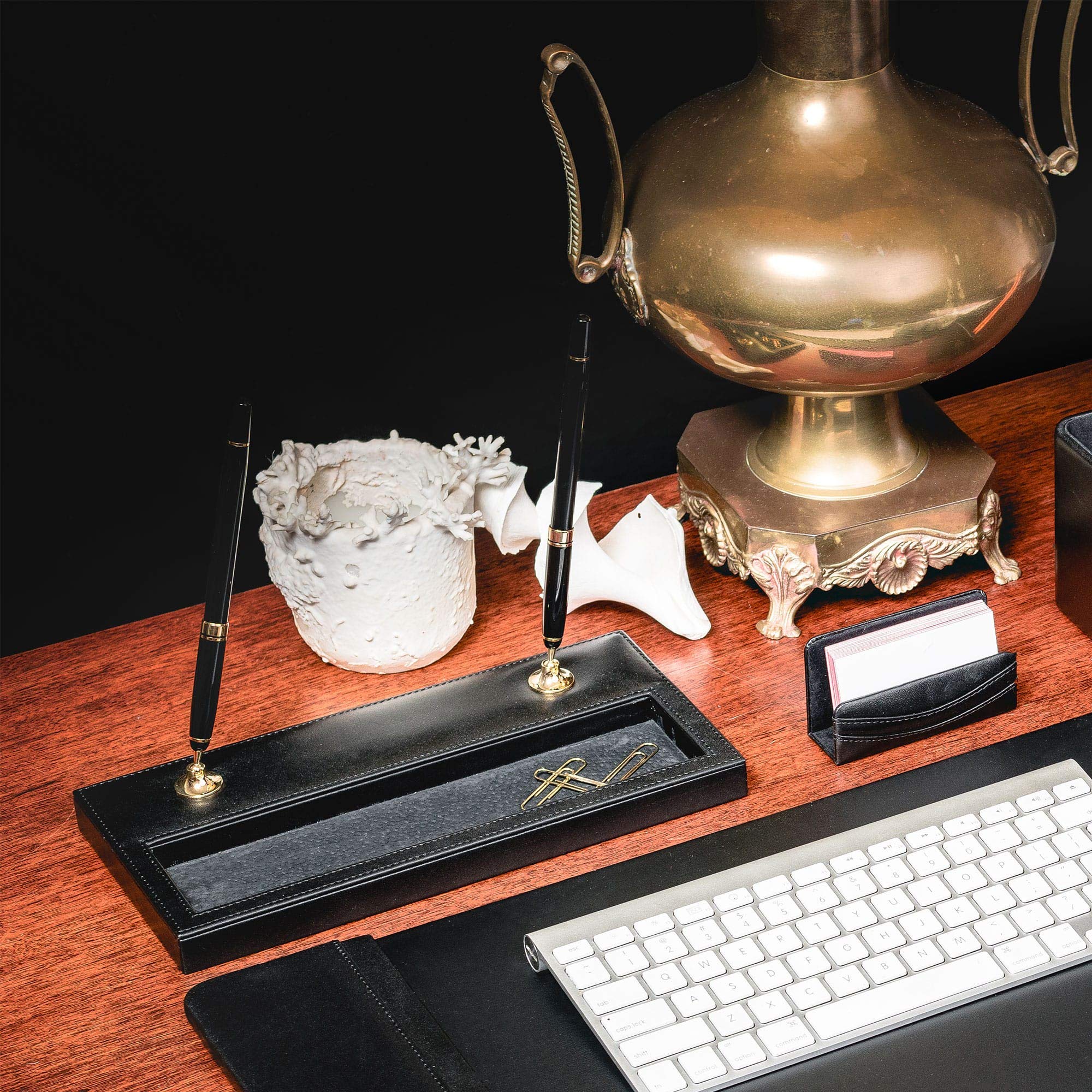 Premium Black Leather Pen Holder with Double Gold Accents - Elegant Desk Organizer for Office, Home & Gift Giving