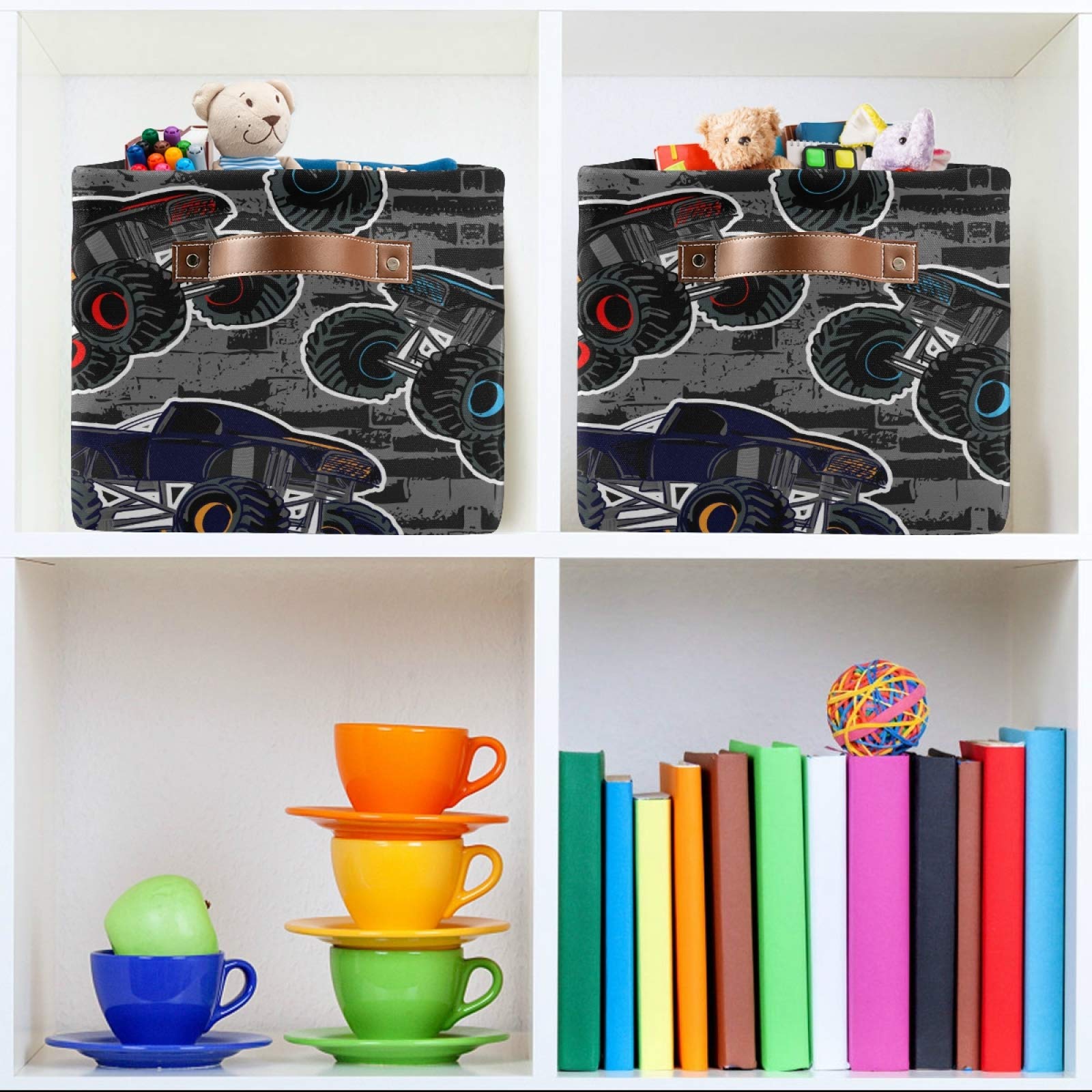 Susiyo Large Foldable Storage Bin - Monster Truck Car Fabric Collapsible Baskets (2-Pack) with PU Handles for Home Organization | Perfect for Shelves, Closet, Bedroom & Living Room Storage | Great for Kids' Toys, Blankets & Household Items