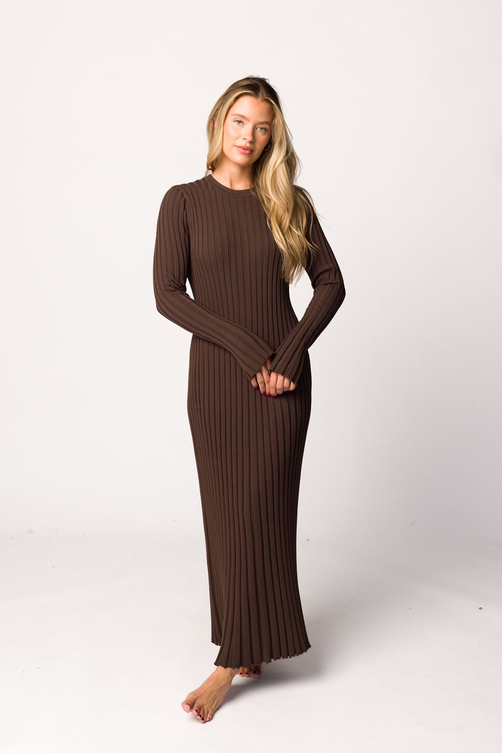 Colette Premium Long Sleeve Ribbed Knit Maxi Dress - Brown Maternity Dress for Pregnancy | Bump Friendly, Comfortable & Stylish for Casual Outings, Date Nights & Special Occasions