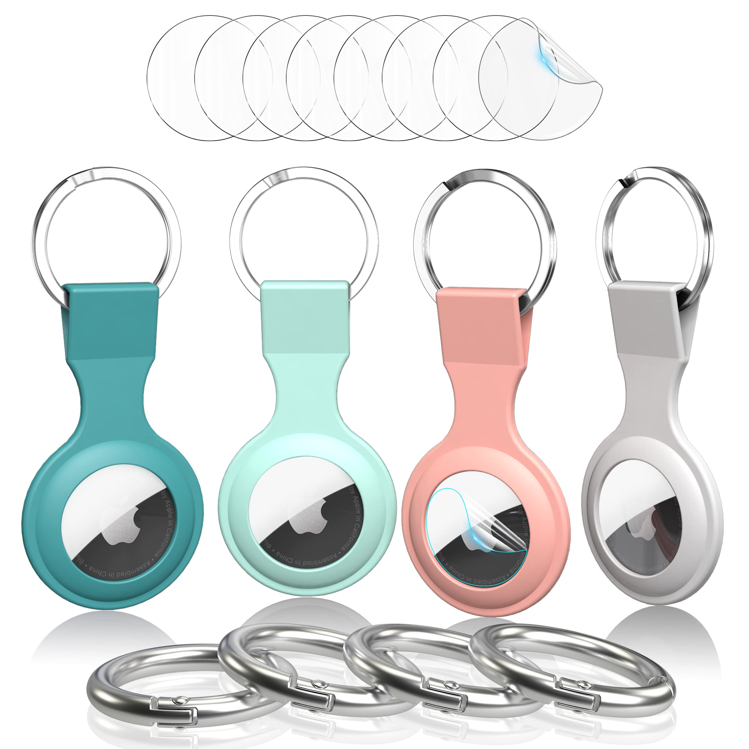 [4 Pack] Soft Silicone Case for Apple AirTag 2021 with 8Pcs Screen Protectors - Anti-Scratch Lightweight Skin Cover with Key Ring Holder - Perfect for Keychain, Luggage, Backpack & Pet Tracking Accessories