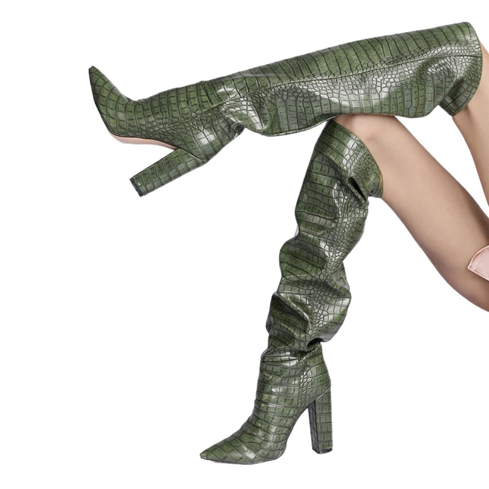 FiveShops Women's Fashion Crocodile Print Knee High Boots - Vintage Round Toe Chunky Heel Dress Boots for Women - Perfect for Spring & Autumn Outfits, Office Wear & Date Nights