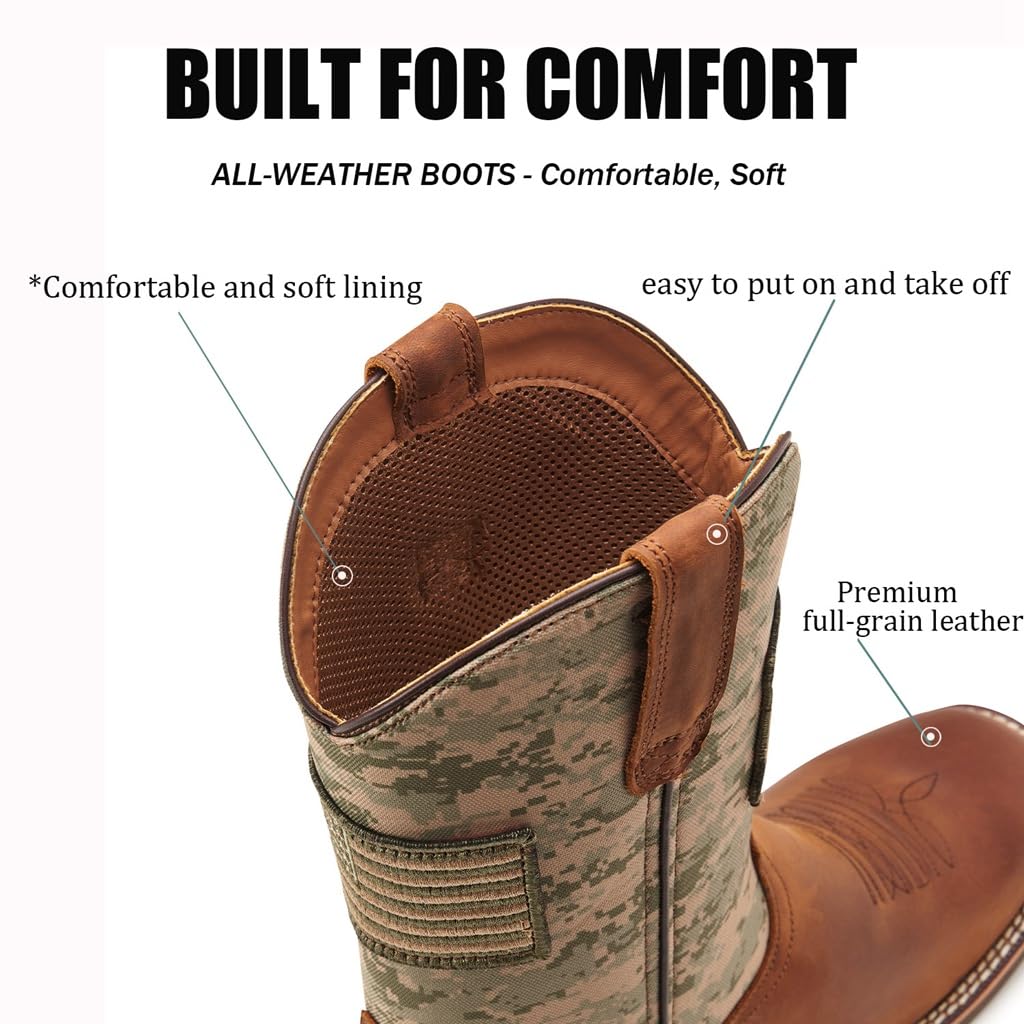 SUREWAY Men's Cowboy Boots - Square Toe Western Boots with American Flag Design | Oil & Slip Resistant | Durable & Stylish Pull-On Boots for Rodeo, Country Dance & Outdoor Work