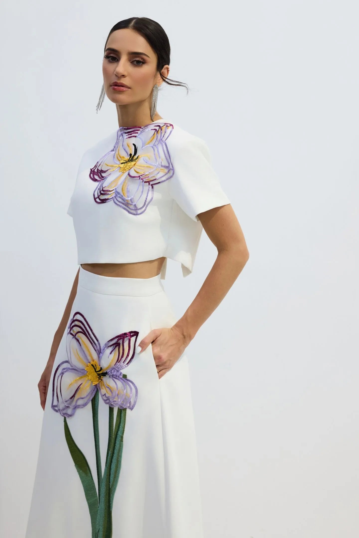 Indie Appliqué Sleeve Iris Print Set in White - Floral Embroidered Top for Women | Perfect for Spring Outfits, Garden Parties & Boho Fashion