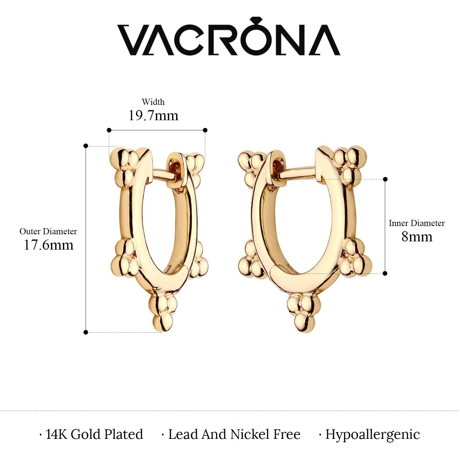 VACRONA 14K Gold Plated Tiny Beaded Huggie Hoop Earrings for Women - Lightweight Minimalist Cuff Earrings - Perfect Gift for Everyday Wear, Date Night & Special Occasions