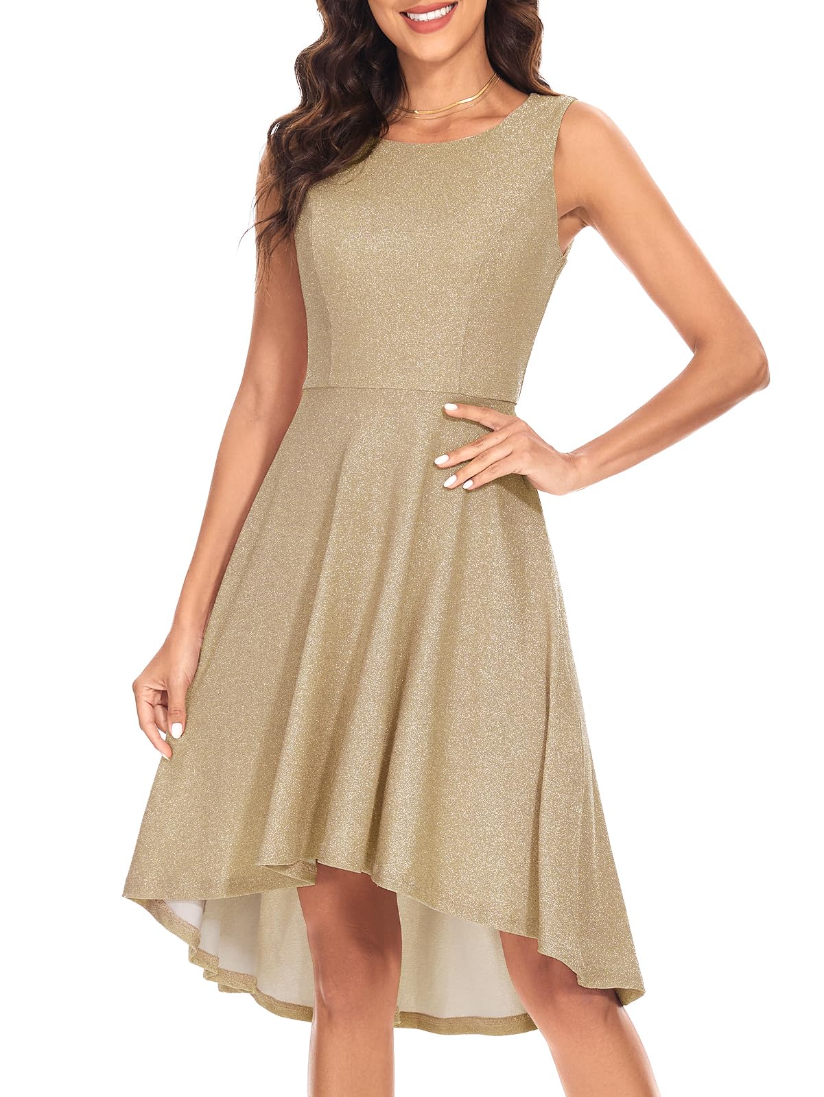 Bbonlinedress Women's Summer Sleeveless Glitter Swing Dress for Cocktail Party, Prom & Formal Occasions | Elegant Midi Dress for Night Out, Wedding Guest & Special Events