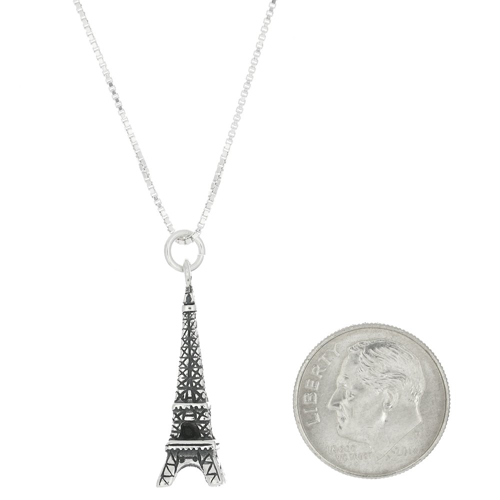 Sterling Silver Oxidized Eiffel Tower Charm Necklace with Box Chain - Elegant Parisian Jewelry for Women, Perfect Gift for Travel Lovers & Francophiles
