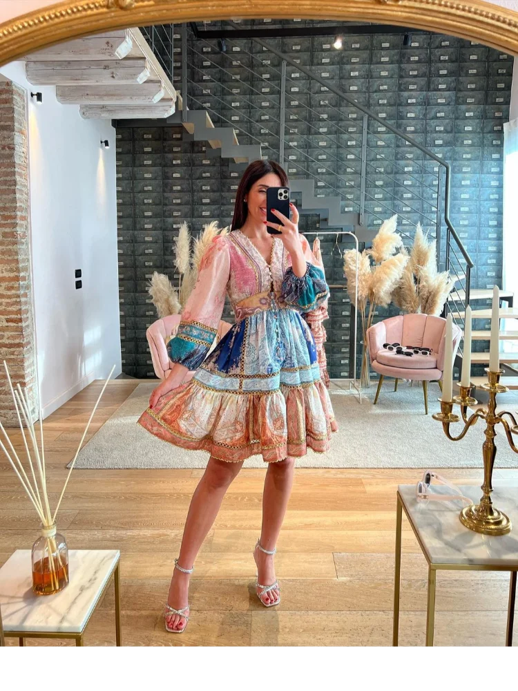 Women's Fashion Puff Sleeve Patchwork Print Midi Dress - Sexy V-Neck High Waist Long Dress for Vacation & Streetwear | Summer Beach Outfit, Date Night Dress, Party Wear