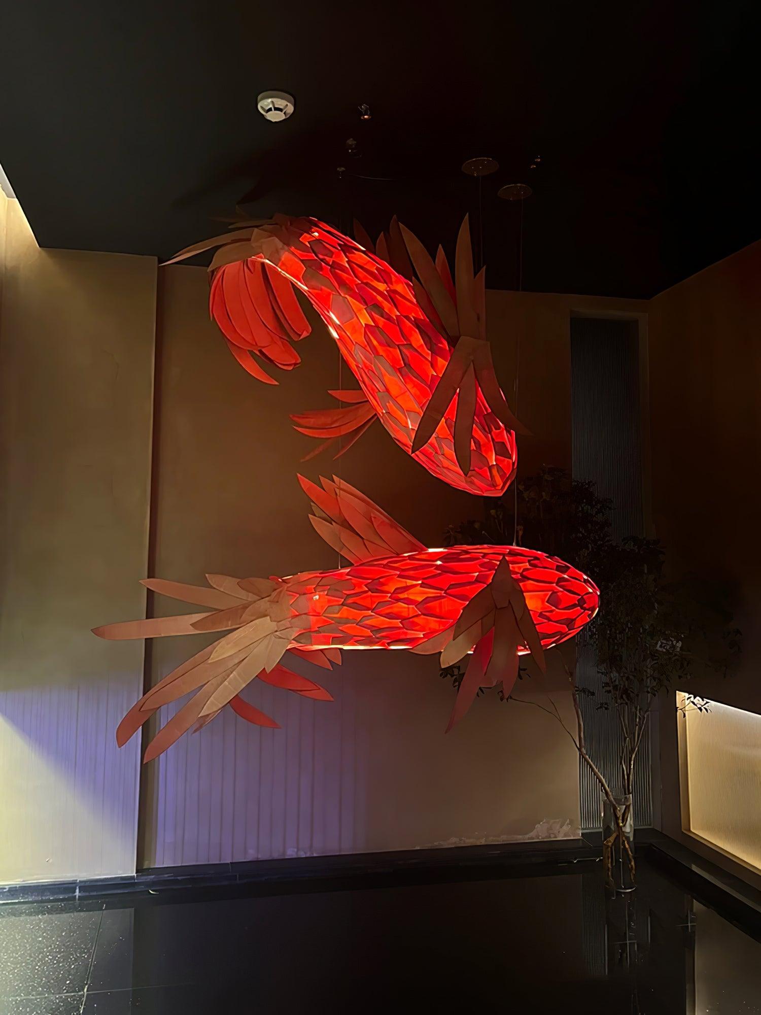 Elegant Crimson Swirl Koi Chandelier - Handcrafted Glass Pendant Light Fixture for Dining Room, Bedroom & Living Room Decor