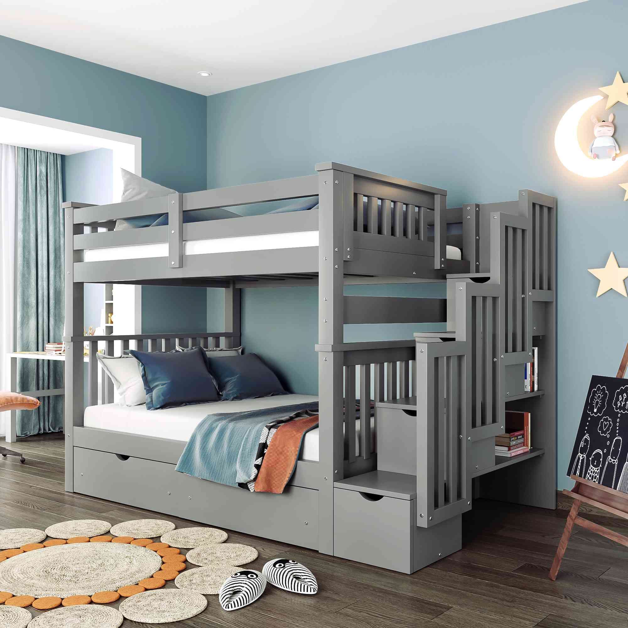 ATY Full Over Full Bunk Bed with Stairs - Wooden Bunk Bed Frame with 6 Storage Drawers & 3 Shelves, Convertible to Two Separate Beds (No Box Spring Needed), Gray - Perfect for Kids' Bedrooms, Guest Rooms & Small Spaces