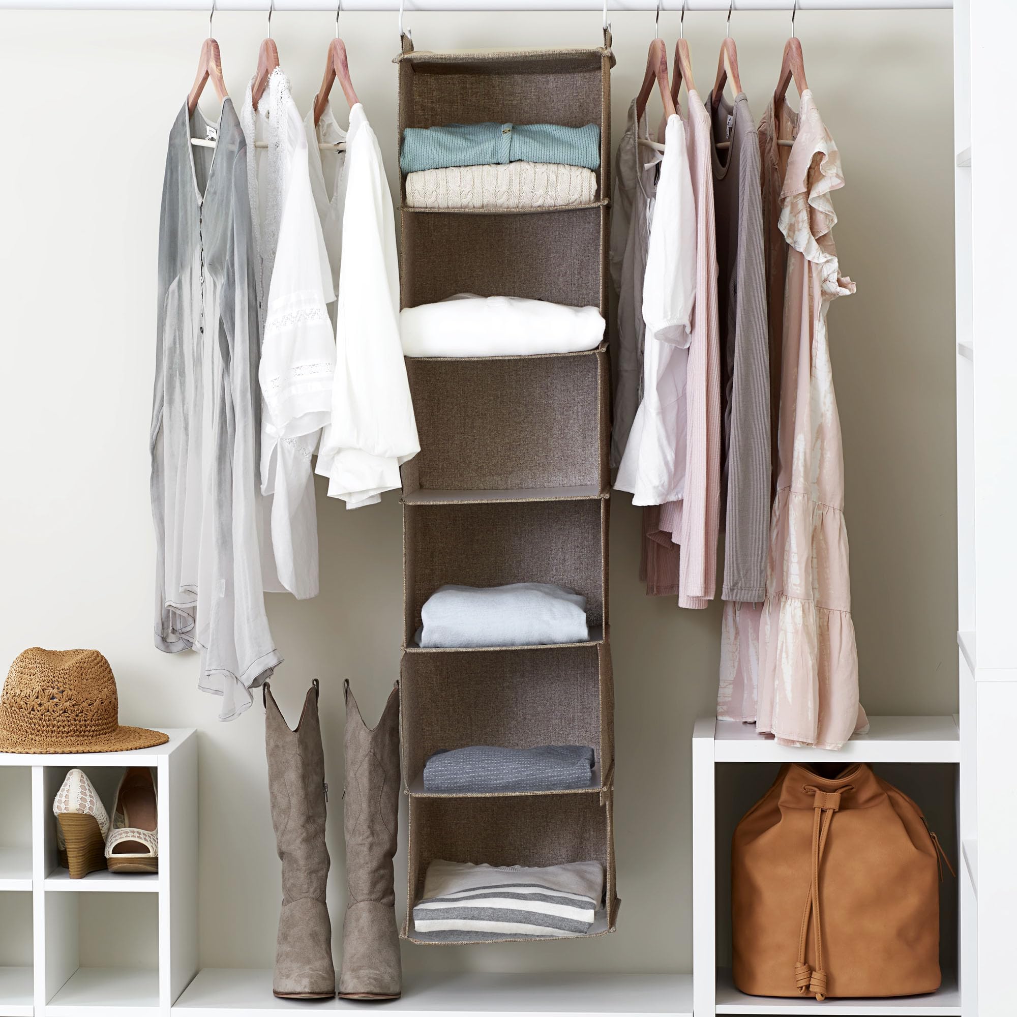 6-Shelf Hanging Closet Organizer with Hooks - Space Saving Storage for Bedroom, Bathroom & Laundry Room - Perfect for Organizing Clothes, Shoes & Household Essentials