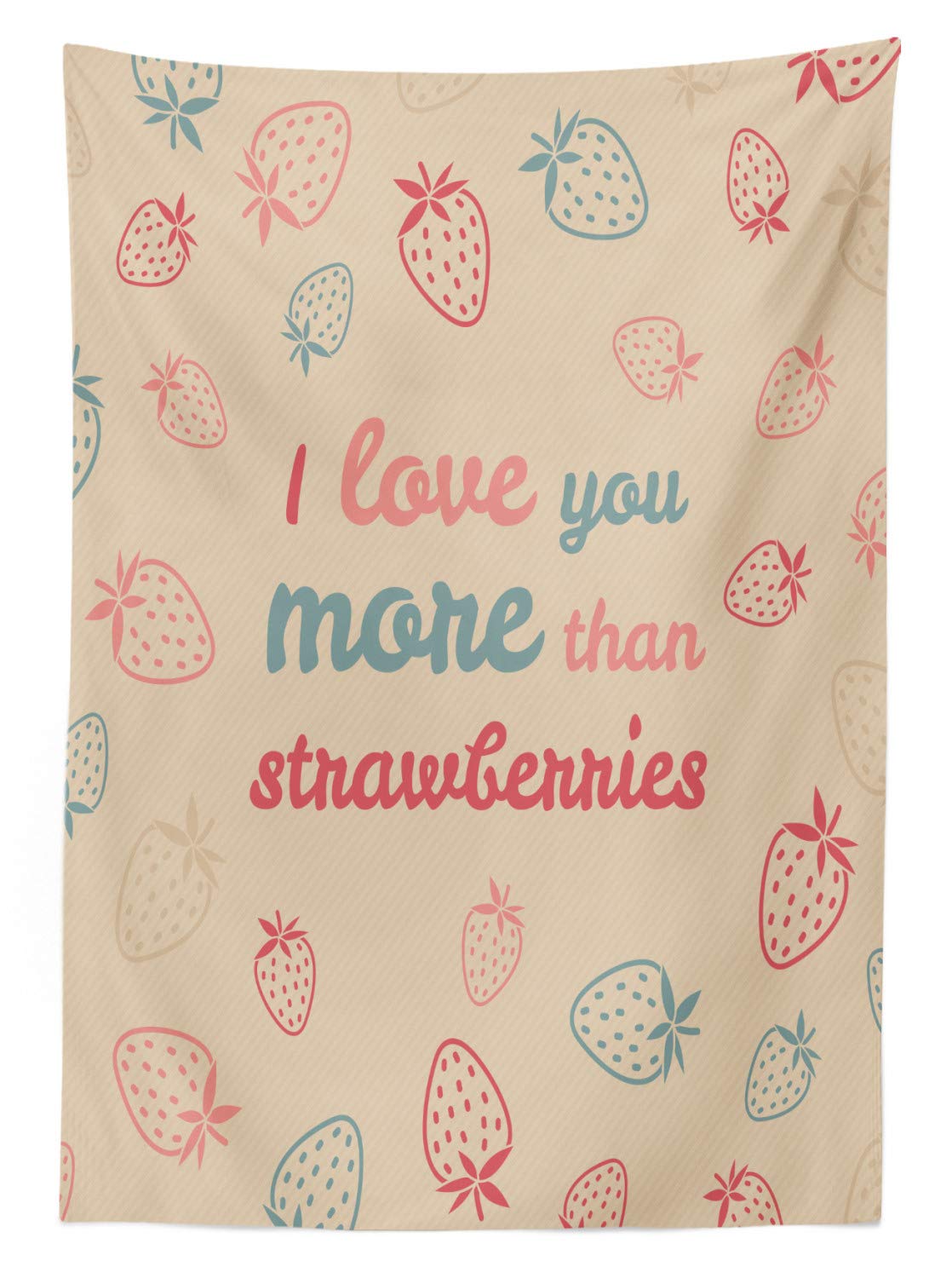 Ambesonne I Love You More Outdoor Tablecloth - Fun Words & Pastel Strawberry Print, Washable Picnic Table Cover 58x120 Inches, Sand Brown Slate Blue - Perfect for Romantic Picnics, Garden Parties & Outdoor Dining