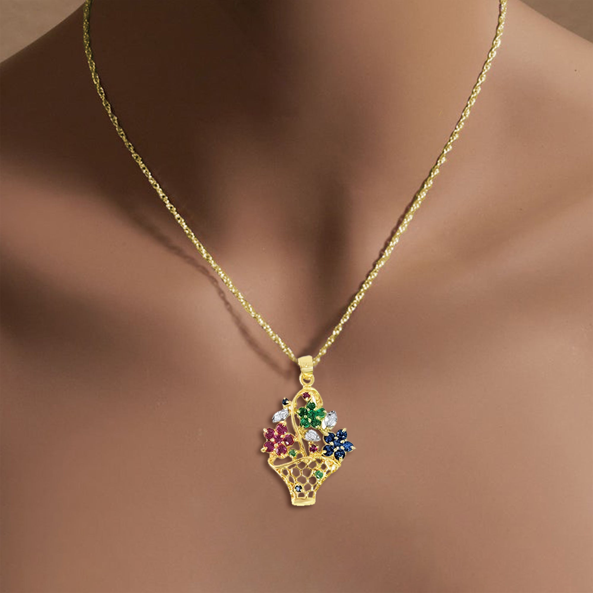 1.00cttw Emerald Sapphire Ruby Flower Basket Pendant in 14K Yellow Gold - Perfect for Anniversary Gifts & Special Occasions
