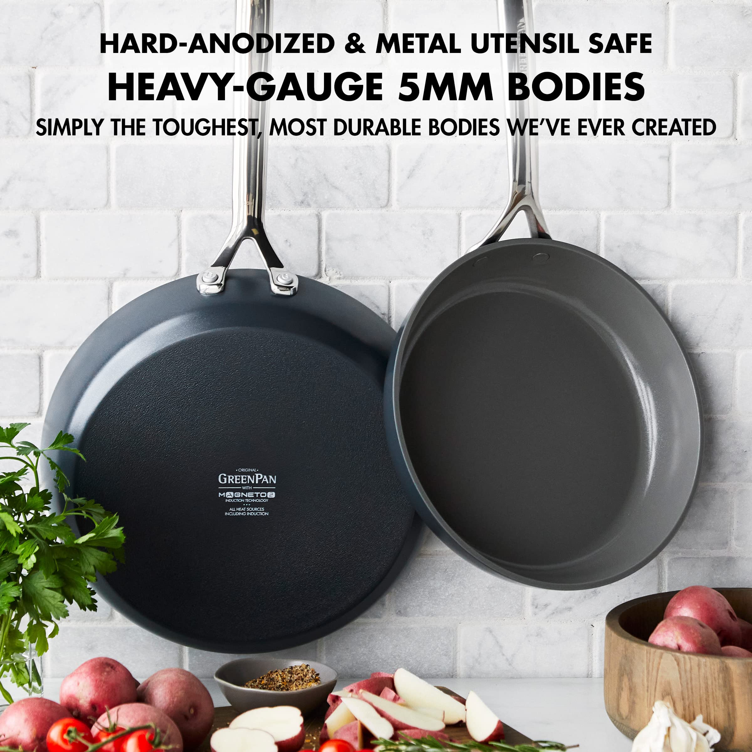GreenPan GP5 Hard Anodized Healthy Ceramic Nonstick 9.5” & 11” Frying Pan Set - PFAS-Free, Induction Compatible, Oven Safe to 600°F - Scratch Resistant, Stay-Flat Surface for Even Cooking - Perfect for Sautéing, Frying & Baking in Modern Kitchens
