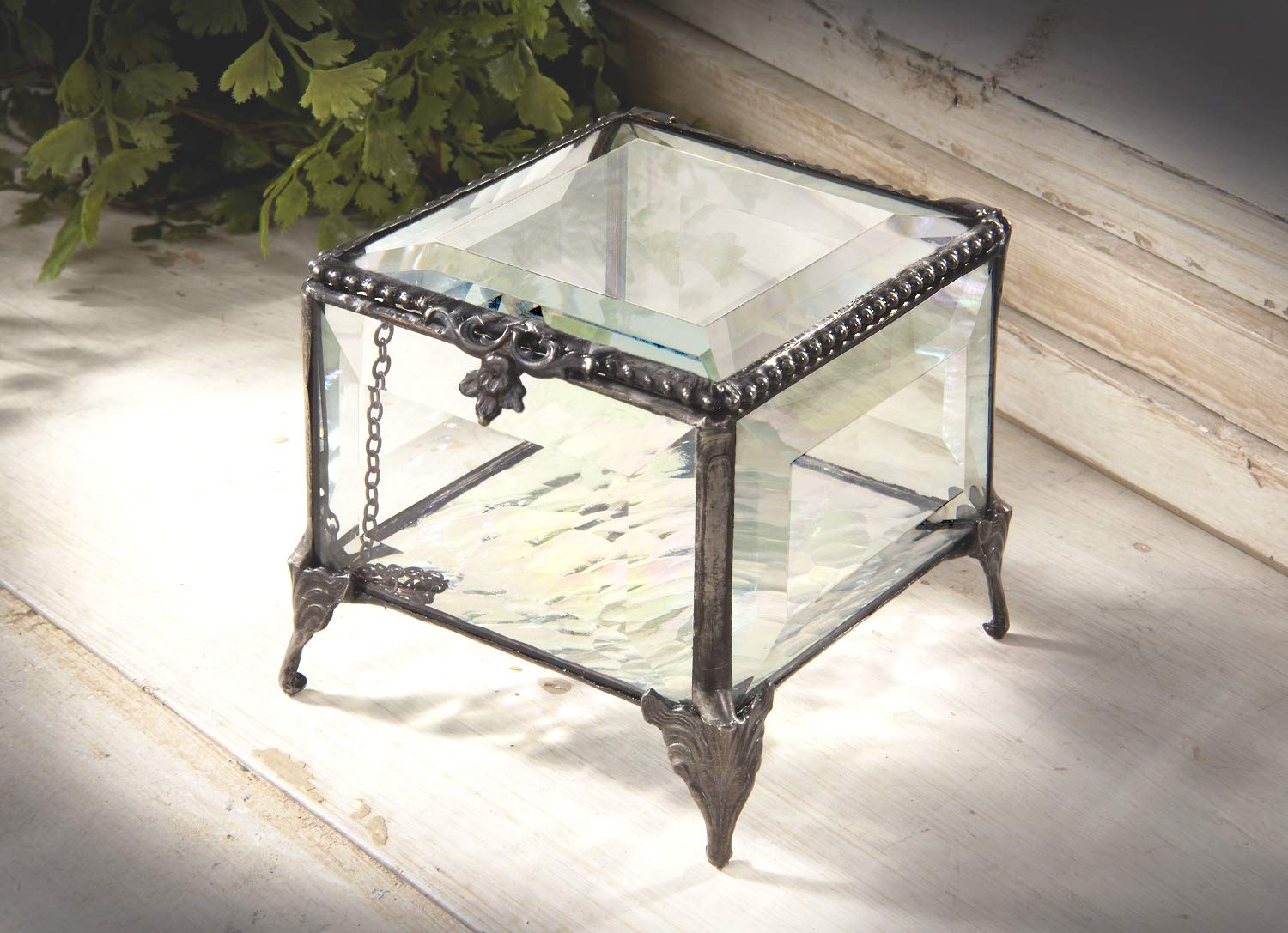 Iridescent Beveled Glass Jewelry Box with Hinged Lid & Decorative Feet - Elegant Keepsake Storage for Wedding, Anniversary Gifts & Special Occasions - Perfect for Displaying Rings, Necklaces & Treasures on Dresser or Vanity