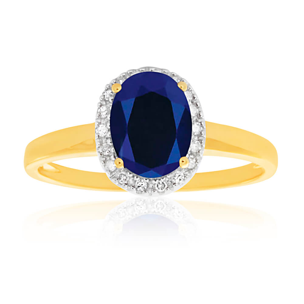 9ct Yellow Gold & White Gold Created Sapphire and Diamond Ring for Women - Elegant Engagement, Wedding, Anniversary Jewelry Gift - Perfect for Proposals, Bridal Sets & Special Occasions