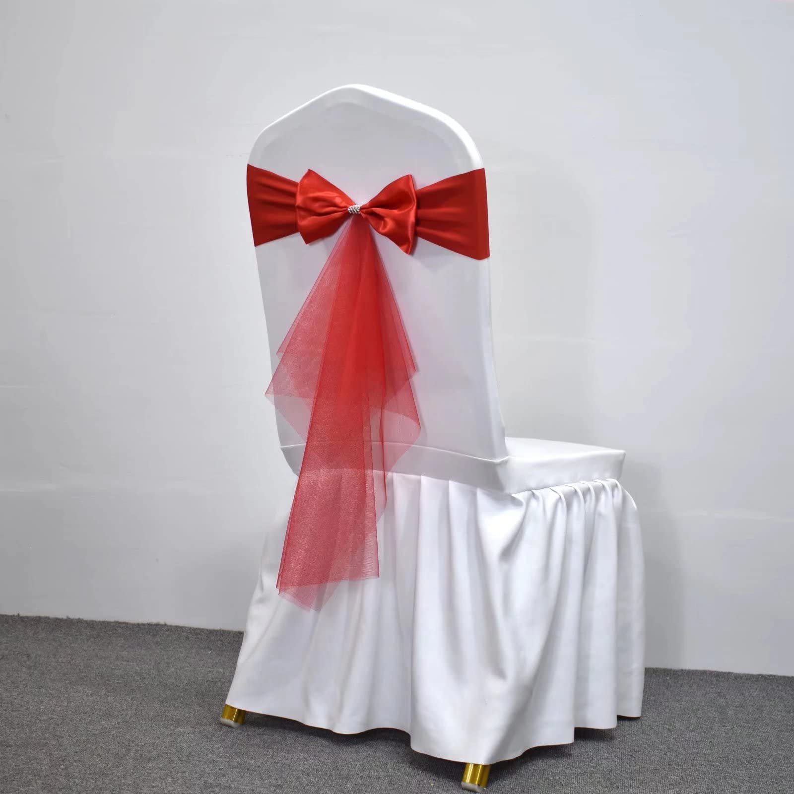 100 Pcs Red Polyester Stretch Chair Sashes - Spandex Organza Sash Bows for Wedding, Birthday Party, Banquet & Hotel Decorations | Perfect for Romantic Events, Bridal Showers & Anniversary Celebrations