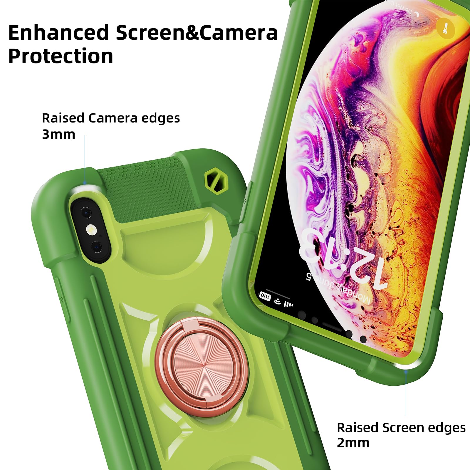 MARKILL Heavy Duty Military Grade Shockproof iPhone Xs Max Case 6.5 Inch with Ring Stand & Magnetic Car Mount - Compatible with iPhone Xs Max (Avocado Green) - Perfect for Outdoor Activities, Travel & Daily Protection