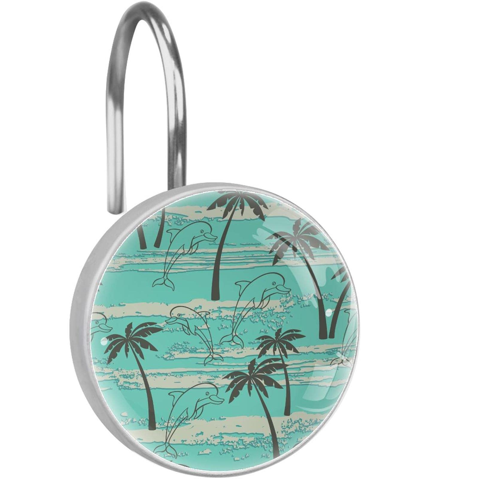 Dolphin and Palm Tree Shower Curtain Hooks - 12 Pack Bathroom Shower Rings for Beach Theme Decor | Perfect for Coastal, Tropical, and Nautical Bathroom Designs