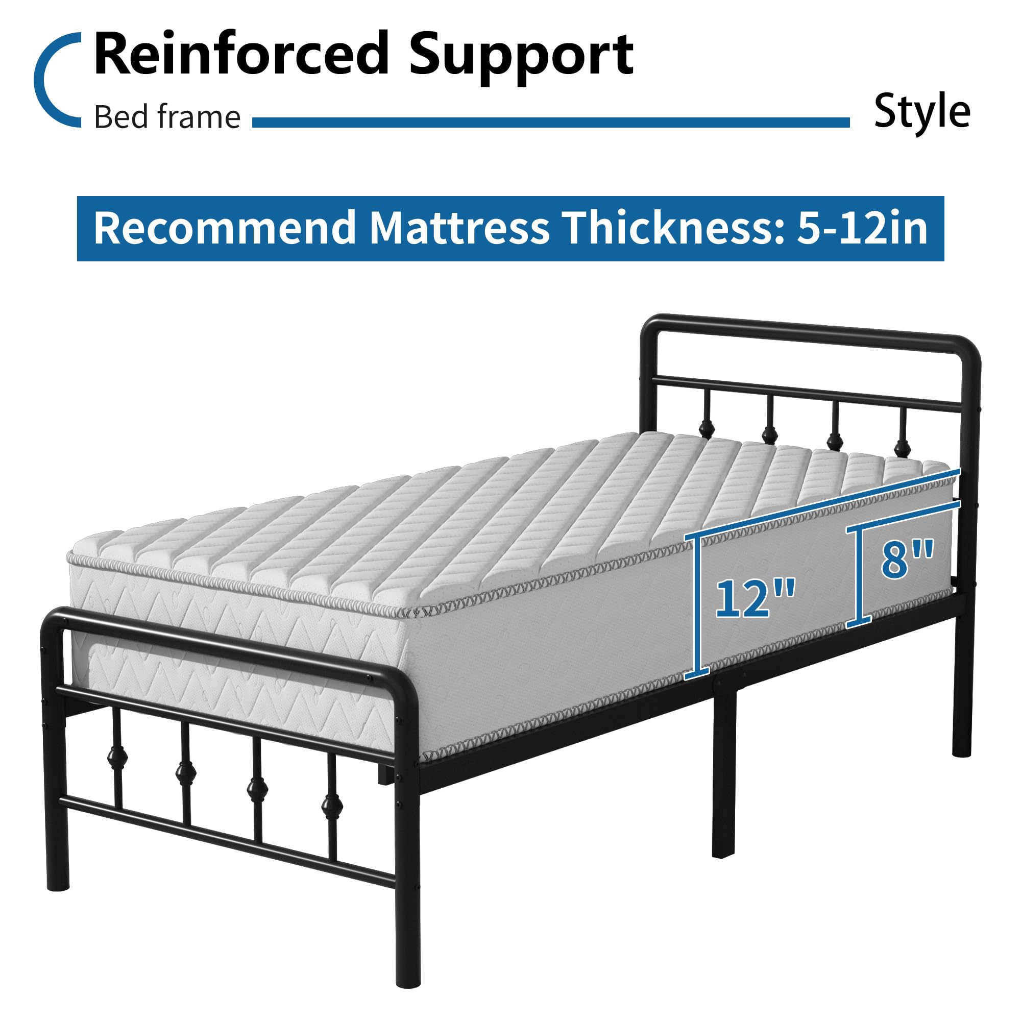 Classic Victorian Style Metal Twin Bed Frame with Headboard & Footboard - 16 Inch Heavy Duty Platform, No Box Spring Needed - Perfect for Guest Rooms, Kids' Bedrooms & Under Bed Storage