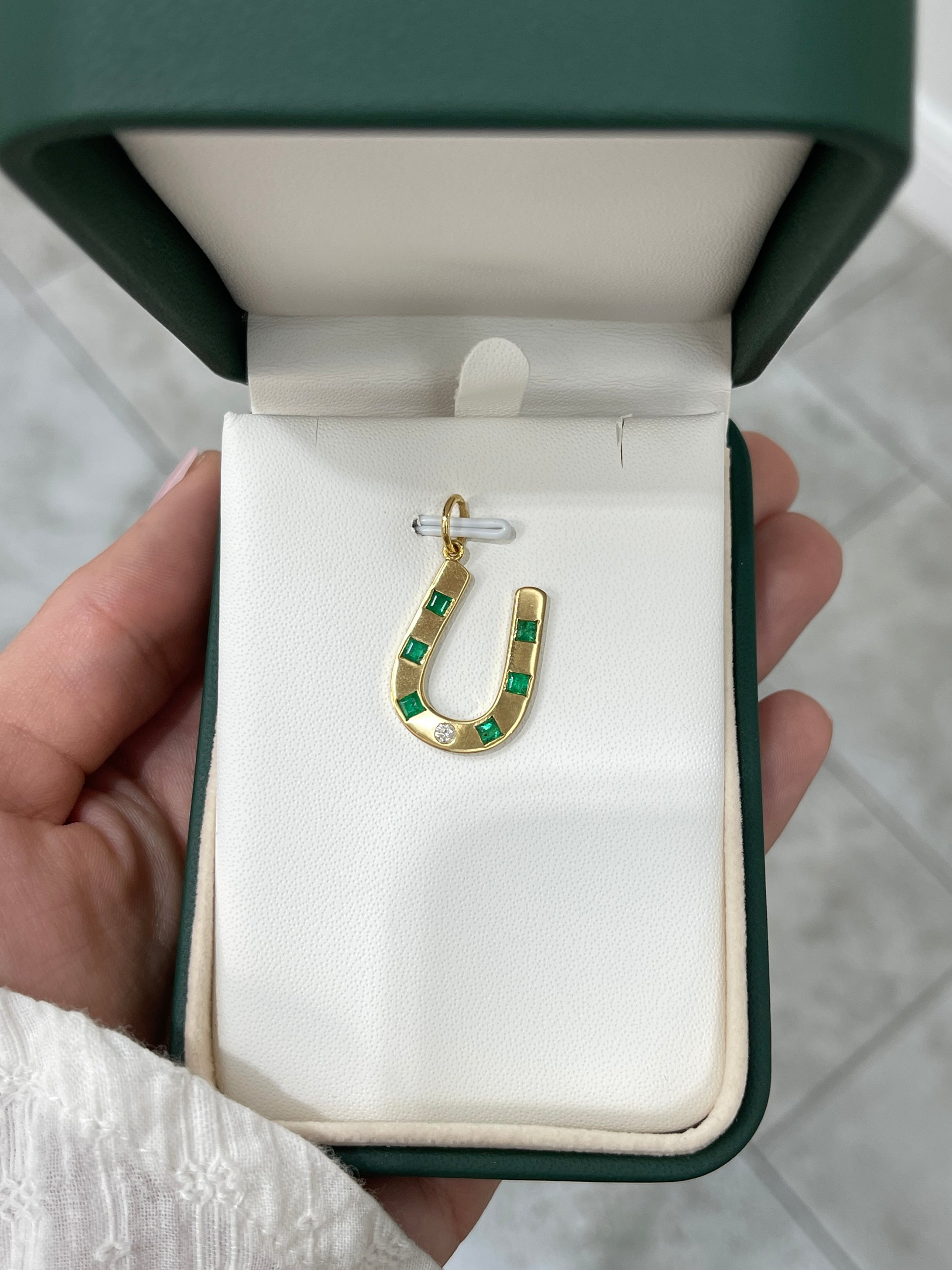 0.66tcw 14K Gold Brushed Emerald & Diamond Horseshoe Pendant Necklace - Elegant Jewelry Gift for Women, Perfect for Birthdays, Anniversaries & Special Occasions