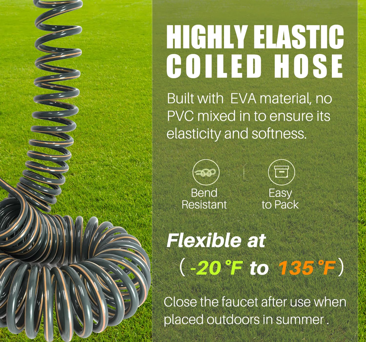 3/8'' Retractable EVA Coil Garden Hose 50FT - Lightweight Expandable Water Hose with Spray Nozzle - Flexible Spiral Hose for RV, Boat, Yard, House Cleaning - Durable Gray & Orange Design - Perfect for Gardening, Car Washing and Outdoor Watering