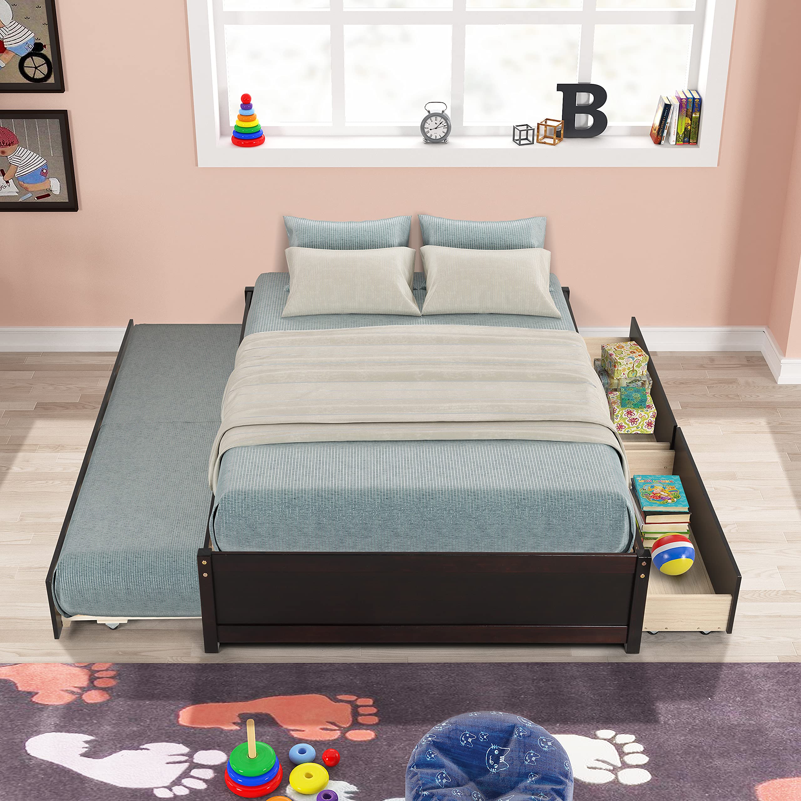 Polibi Full Size Wooden Storage Platform Bed with Twin Trundle & 2 Drawers - Espresso Finish - Space-Saving Bedroom Solution for Small Apartments & Guest Rooms