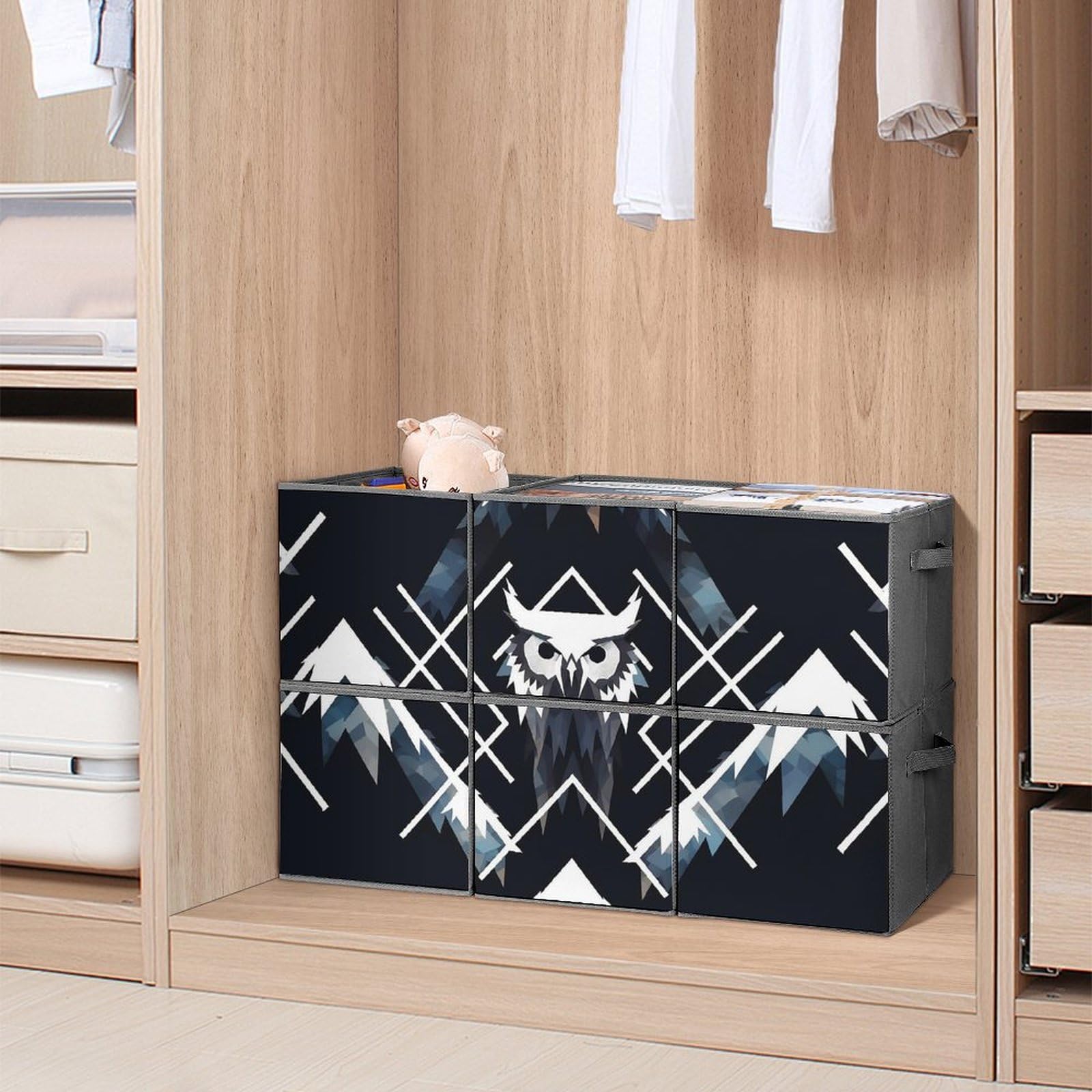 Peaks Owl Storage Bins 6-Pack Collapsible Fabric Baskets with Handles - Large Closet Organizer for Clothes, Toys & Home Organization | Perfect for Bedroom, Nursery & Pantry Storage