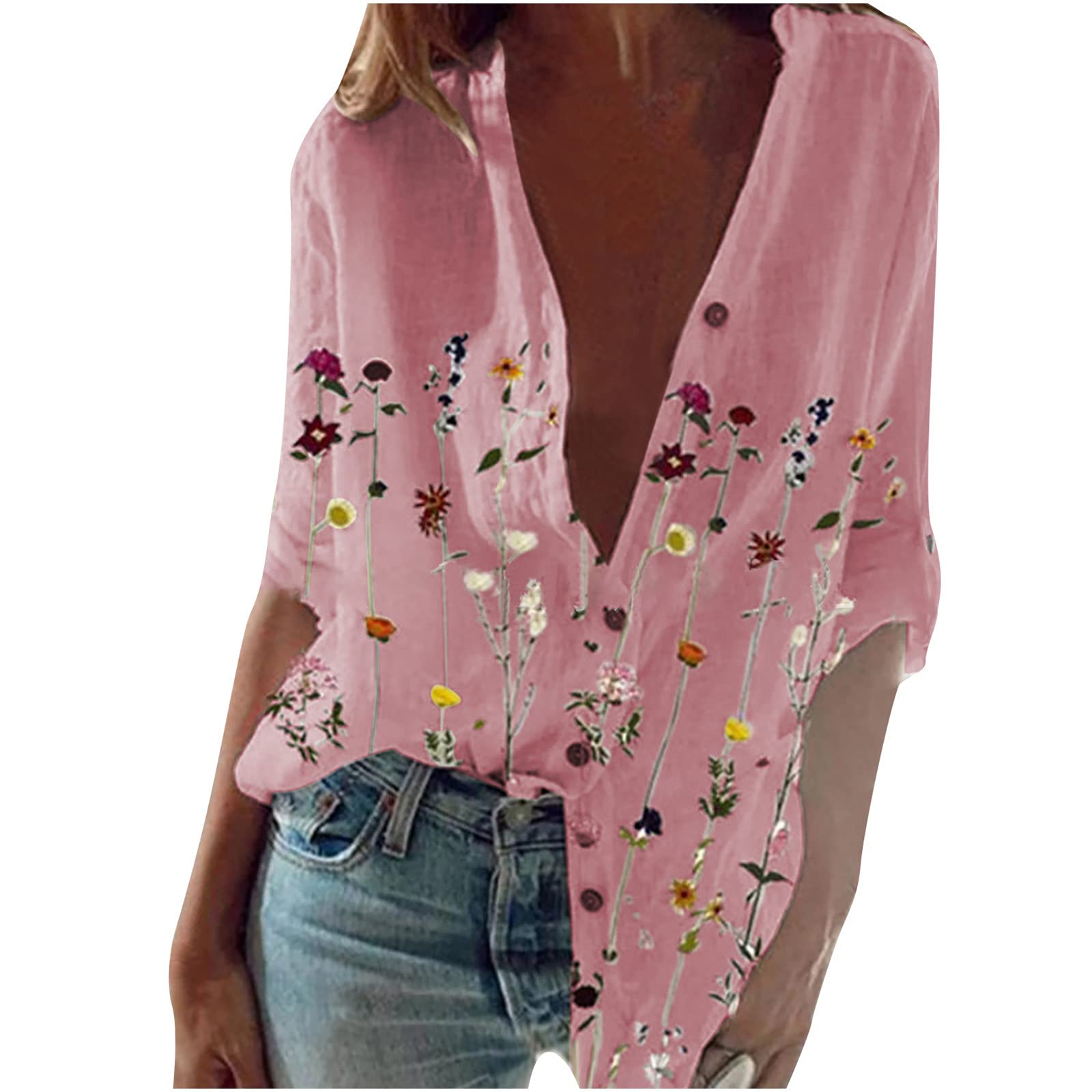 Women's Long Sleeve Loose Fit Tunic Tops - Casual Lapel Button Down Blouses with Floral Print for Business & Office Wear | Comfortable Work Shirts for Women