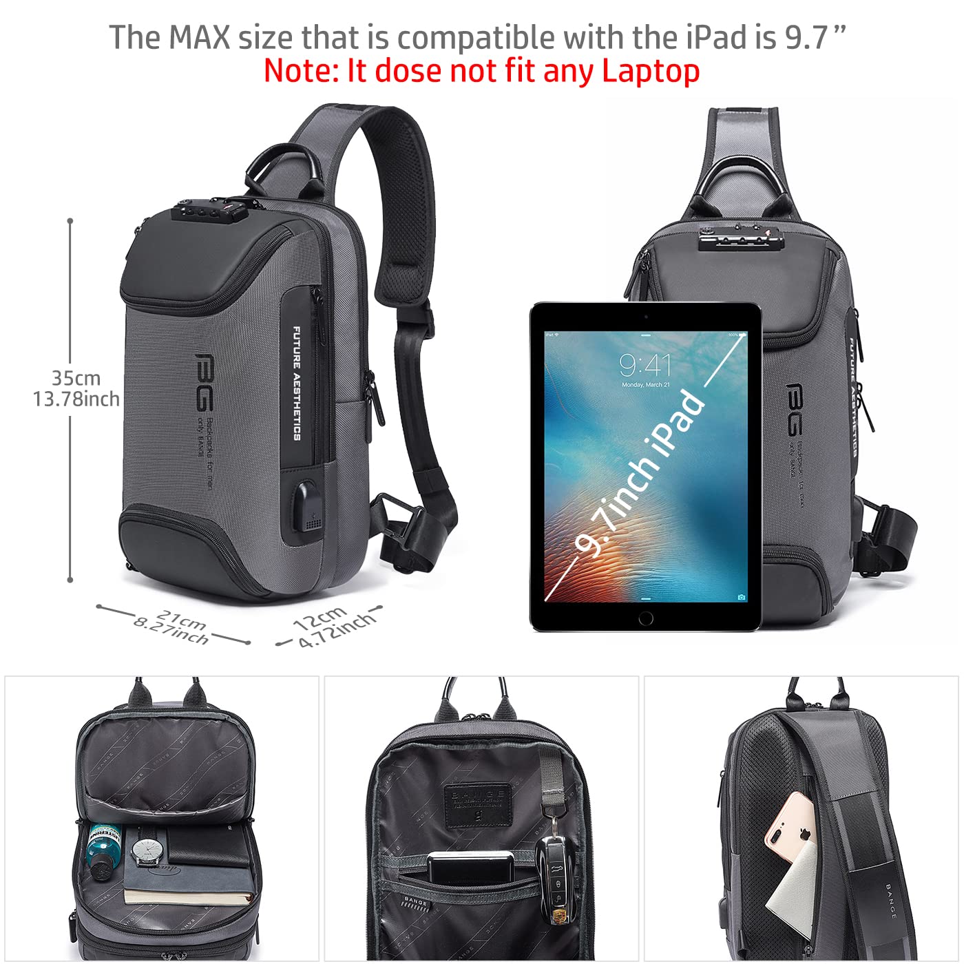 iubest Anti Theft Sling Bag for Men - USB Charging Port & TSA Lock Waterproof Crossbody Backpack - Lightweight Casual Daypack for Travel, Work, Gym & Outdoor Activities (Grey)