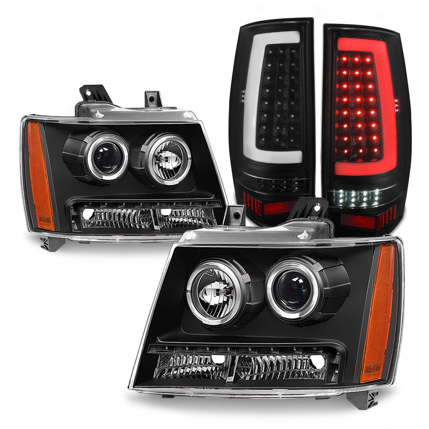 AKKON LED Halo Projector Headlights & C-Tube DRL Tail Lights for 2007-2014 Chevy Tahoe Suburban 1500 - Black Housing - Upgrade Your Night Driving & Style