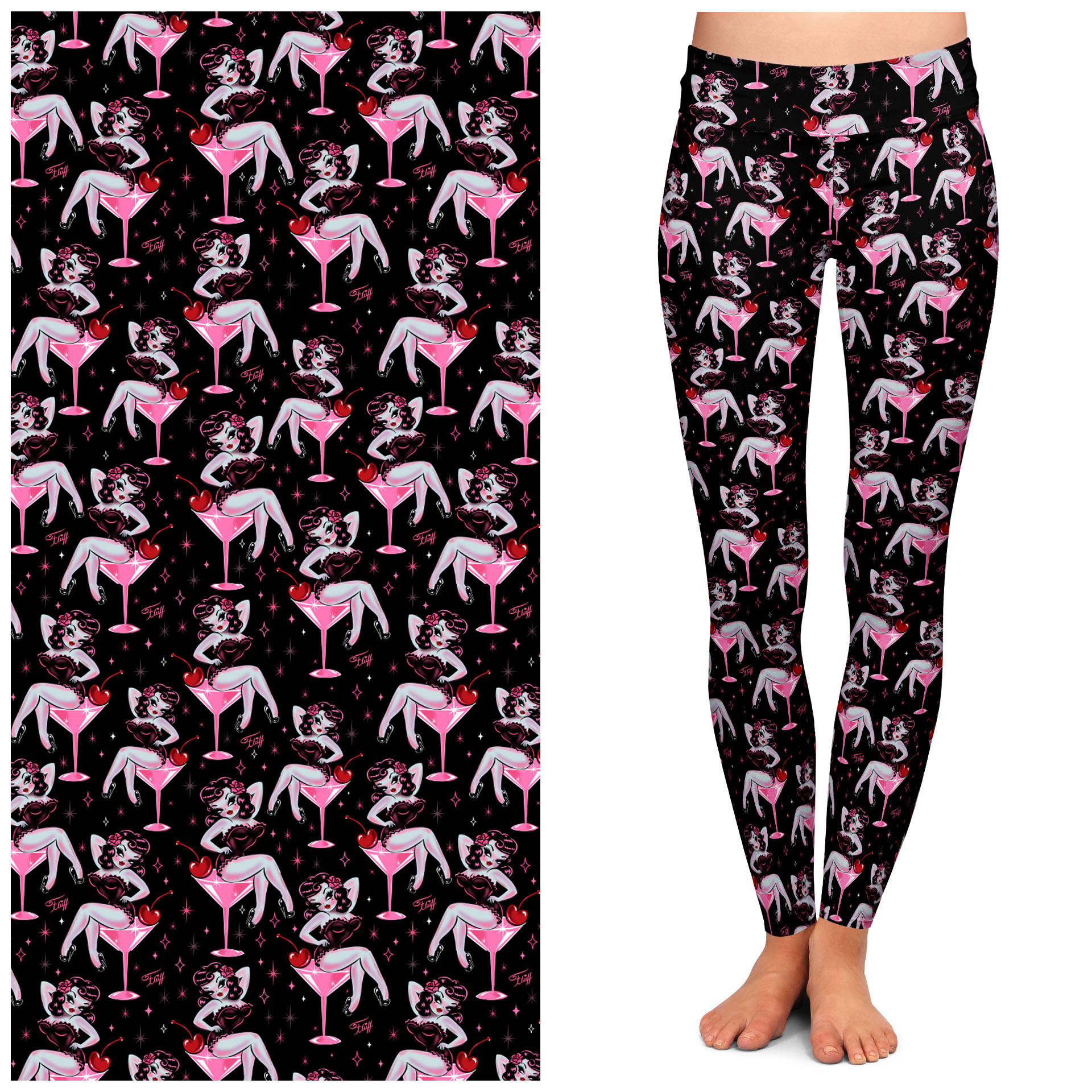 Miss Fluff x Lipstick & Chrome Cocktail Crush Leggings - High Waisted Workout Leggings for Women, Yoga Pants with Tummy Control - Perfect for Gym, Running, Lounge & Night Out