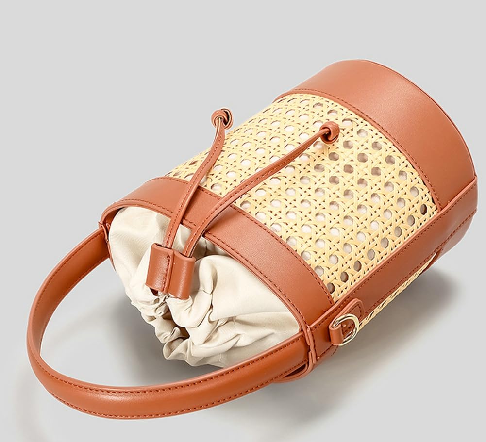 Stylish Woven Rattan Bucket Bag for Women - Perforated PU Leather Summer Handbag with Top Handle & Drawstring Closure | Perfect for Beach, Shopping, and Casual Outings