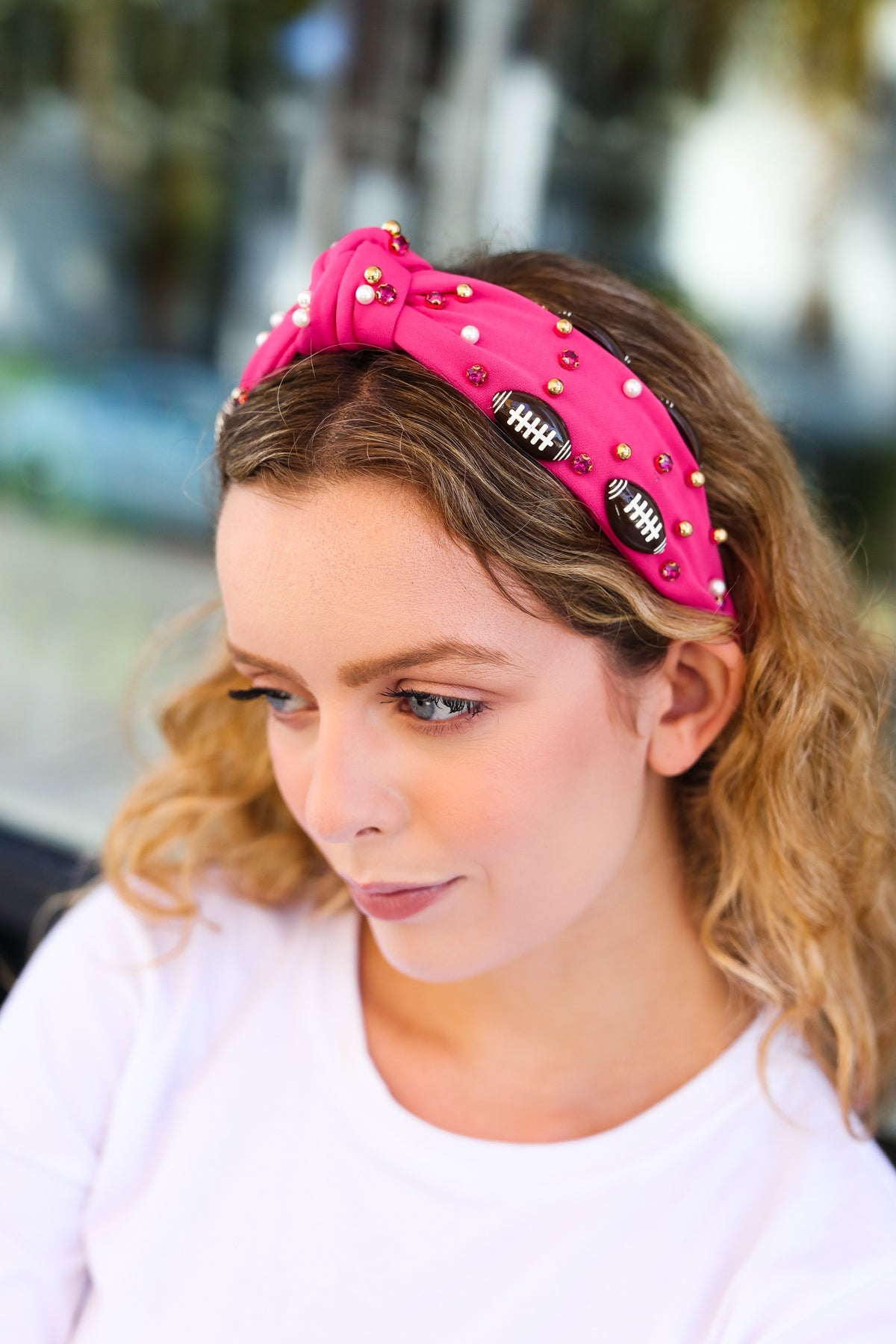 Fuchsia Stone & Gem Embellished Football Top Knot Headband for Women - Stylish Hair Accessory for Sports, Games, and Casual Wear