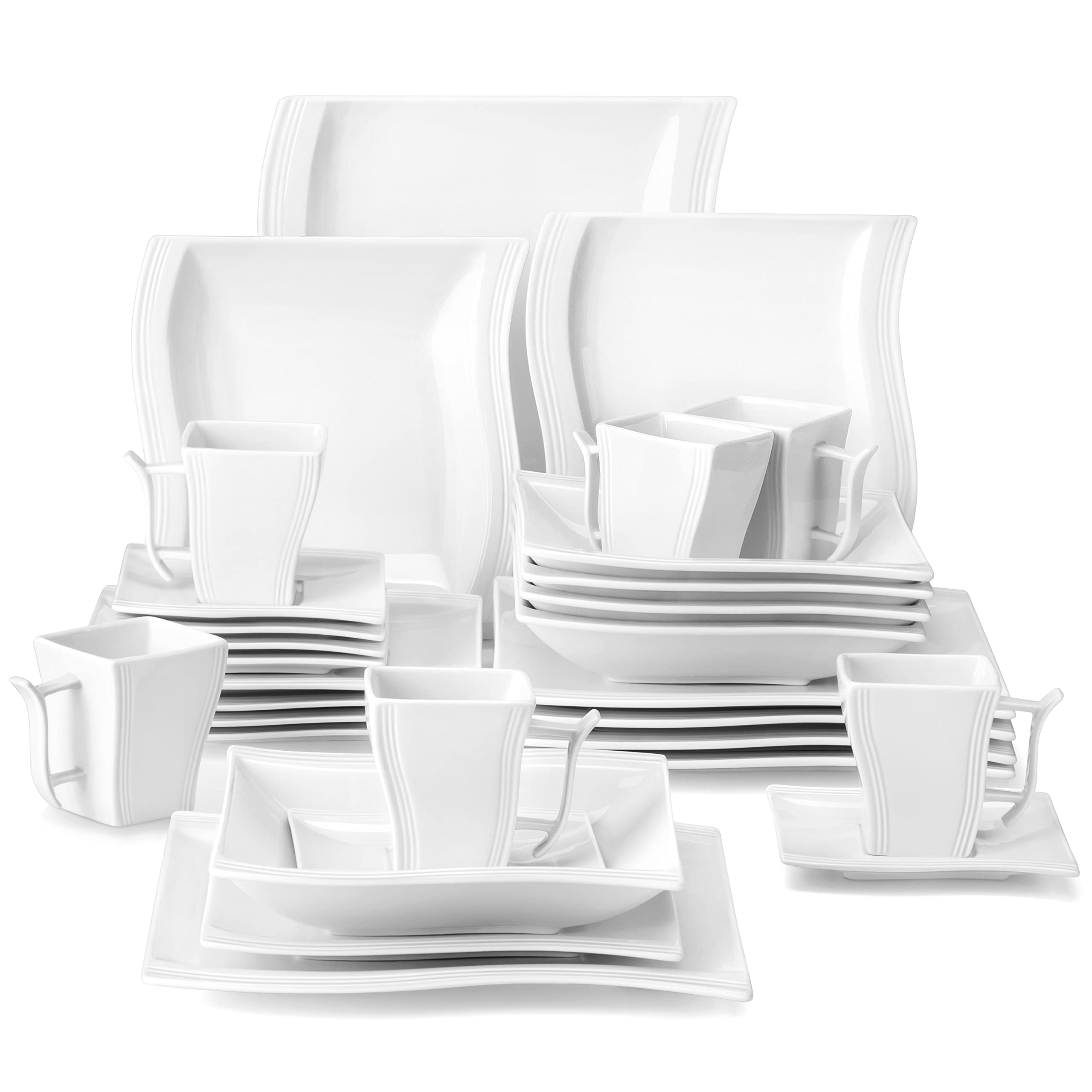 MALACASA 30-Piece Ivory White Porcelain Dinnerware Set - Square Plates & Bowls for 6, Modern Dish Set, Microwave & Dishwasher Safe Kitchen Dishware (Flora Series) - Perfect for Family Dinners, Restaurants, and Special Occasions