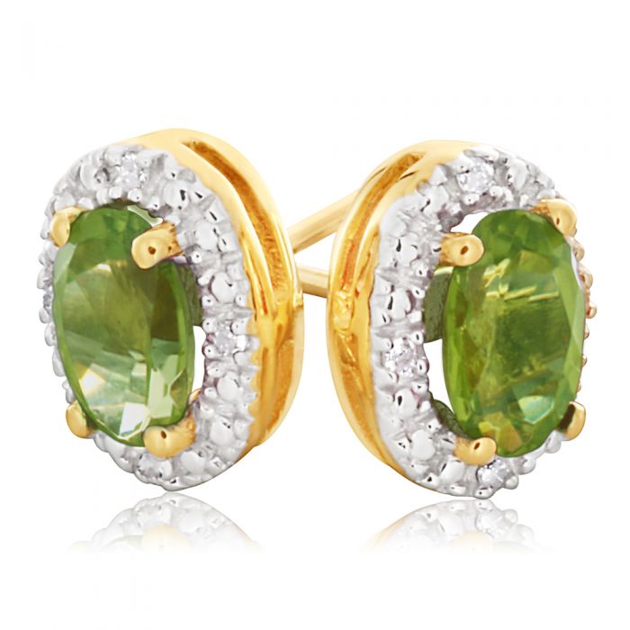 9ct Yellow Gold & White Gold Diamond & Peridot Stud Earrings - Elegant Dainty Jewelry for Women, Perfect for Weddings, Parties & Everyday Wear