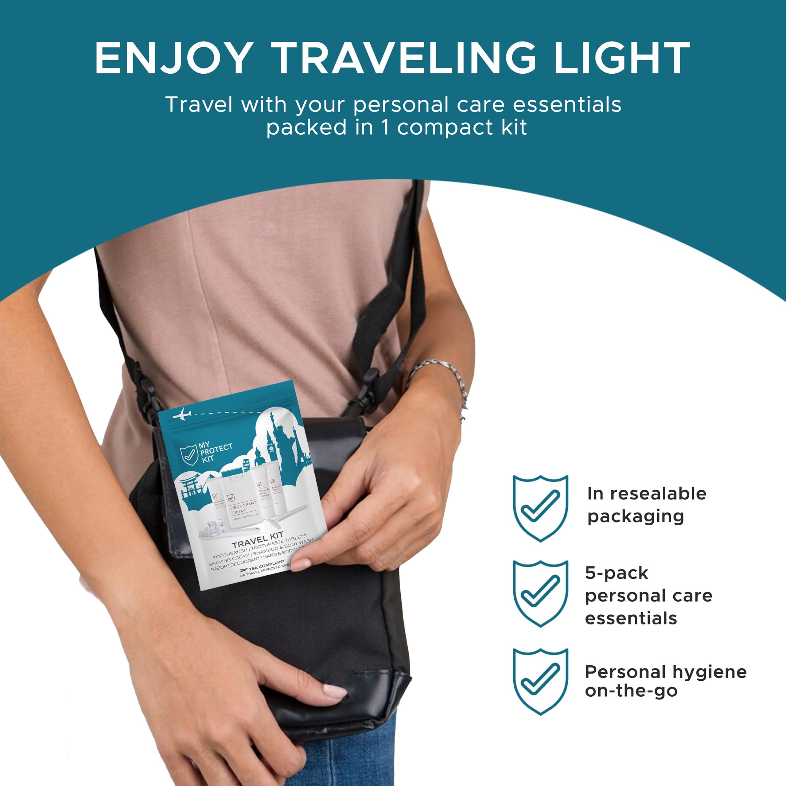 TSA Approved Travel Kit for Men & Women - Essential Hygiene Set with Toiletries | Includes Hand & Body Lotion, Deodorant, Shampoo, Body Wash, Shaving Cream, Razor, Toothbrush & Toothpaste Tablets | Perfect for Air Travel, Camping & Gym by My Protect Kit