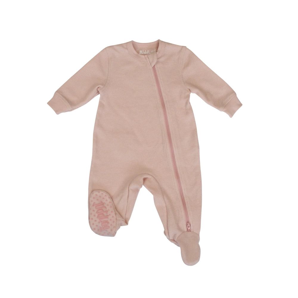 Juddlies Mini Waffles Footed Sleeper for Babies - Soft Cotton Pajamas with Non-Slip Soles | Pink Clay Color | Perfect for Nursery, Bedtime & Playtime