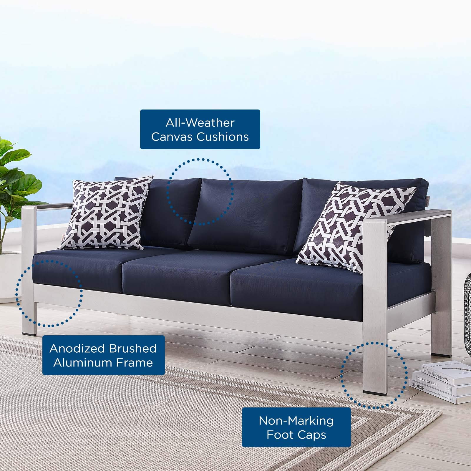 Modway Shore Aluminum Metal Outdoor Patio Sofa Set with Silver Navy All-Weather Cushions - Durable Weather-Resistant Furniture for Backyard, Garden & Poolside Relaxation