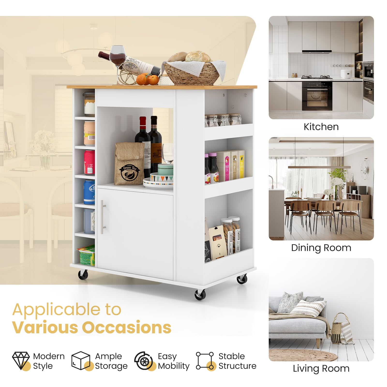 Giantex Mobile Kitchen Island Cart with Storage Cabinet, Bamboo Top & Wheels - 6-Bottle Wine Rack, 3-Tier Spice Rack, Towel Holder - White Rolling Microwave Stand for Small Spaces, Dining Room, Coffee Bar & Apartment Cooking