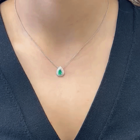 Pear Shape Emerald and Double Diamond Halo Necklace in 18K Gold (0.63 ct) - Elegant Jewelry for Weddings, Anniversaries & Special Occasions