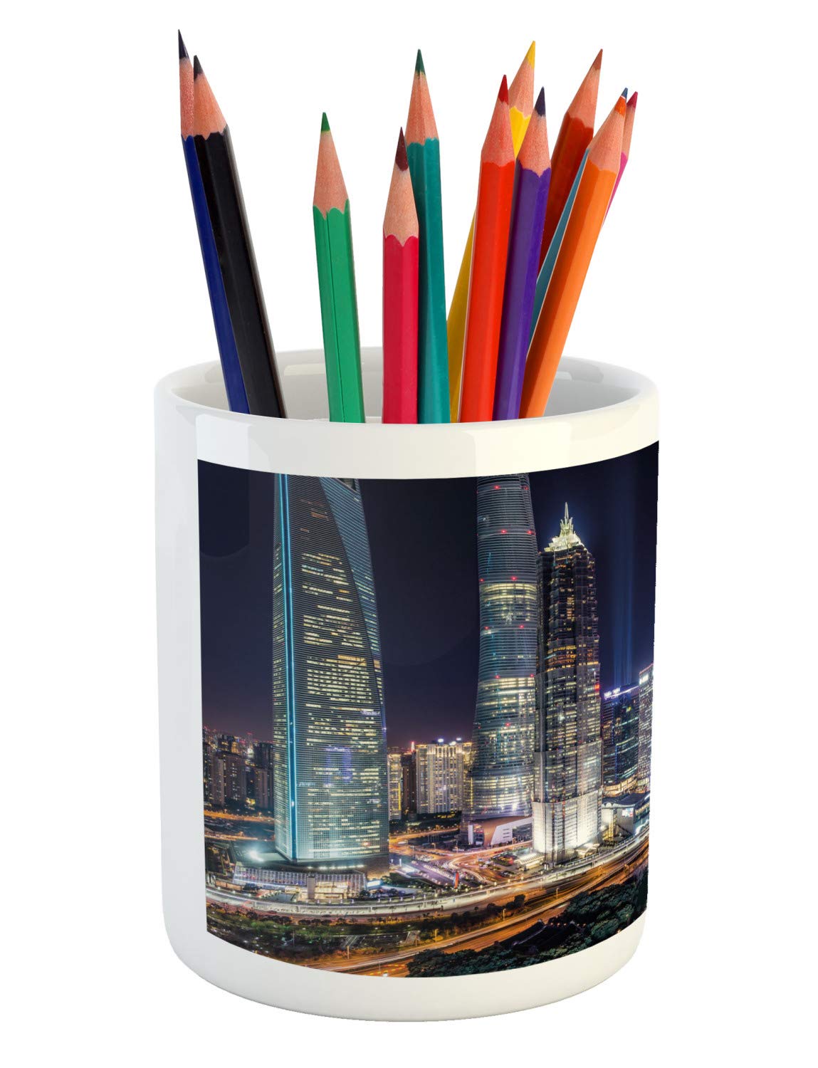 Ambesonne Urban Pencil Holder - Modern City Skyline Skyscraper Night View Design, Ceramic Desk Organizer for Office & Home Use | Perfect for Artists, Writers & Professionals